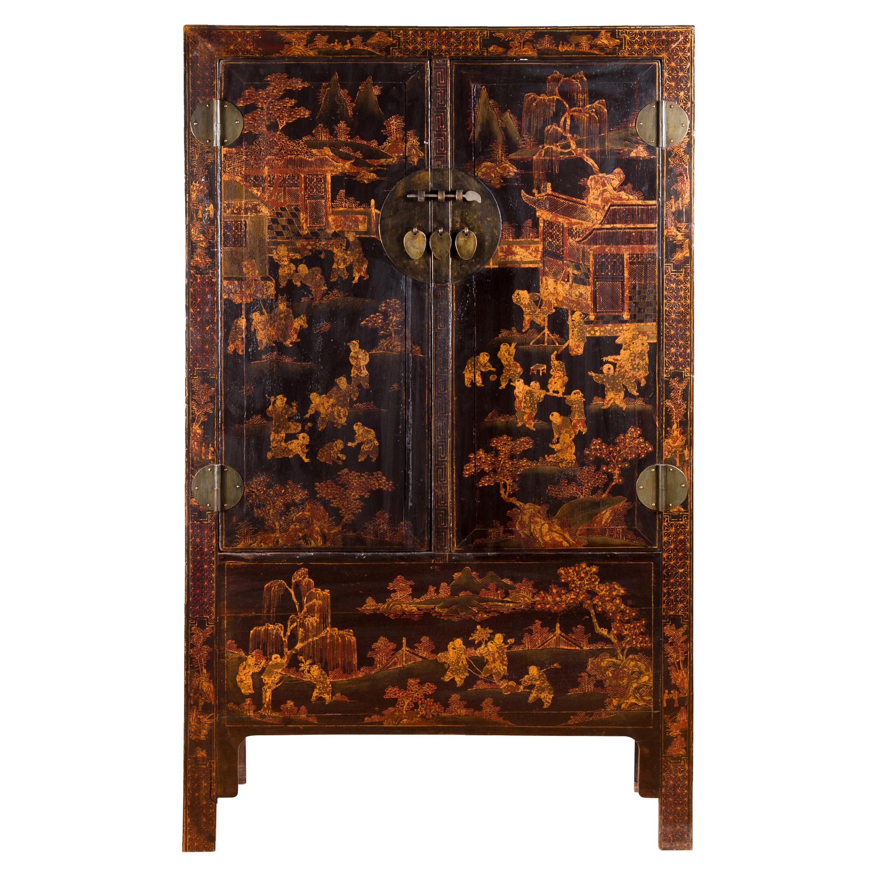Qing Dynasty 19th Century Black Lacquer Cabinet with Gilt Chinoiserie Decor