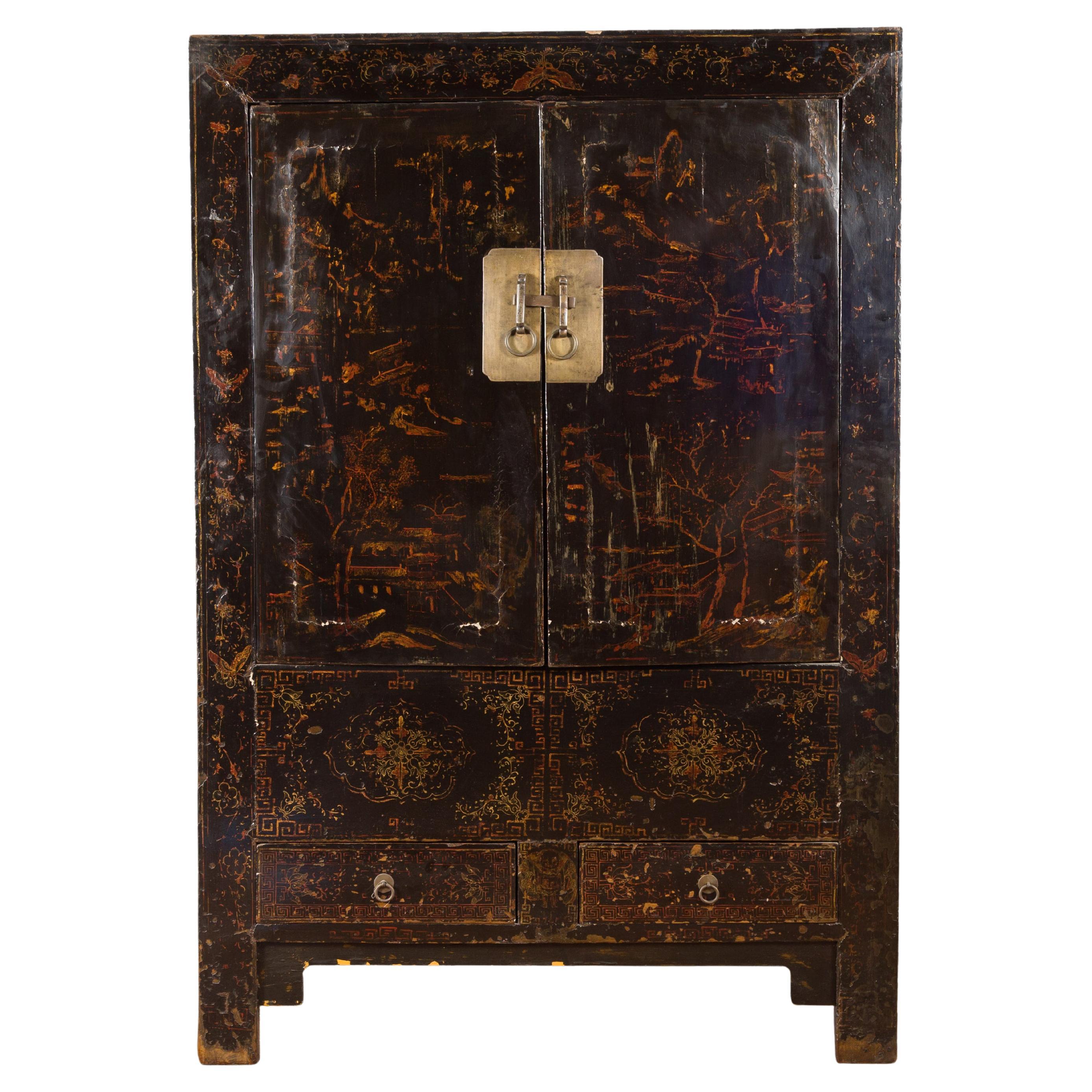 Qing Dynasty 19. Jahrhundert Kabinett mit original schwarzer Lackierung im Angebot