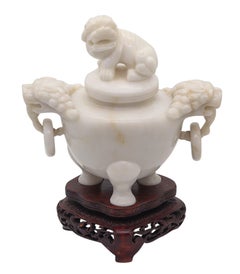 Encensoir Foo-Dog sculpté du 19ème siècle avec couvercle en marbre blanc QING DYNASTY