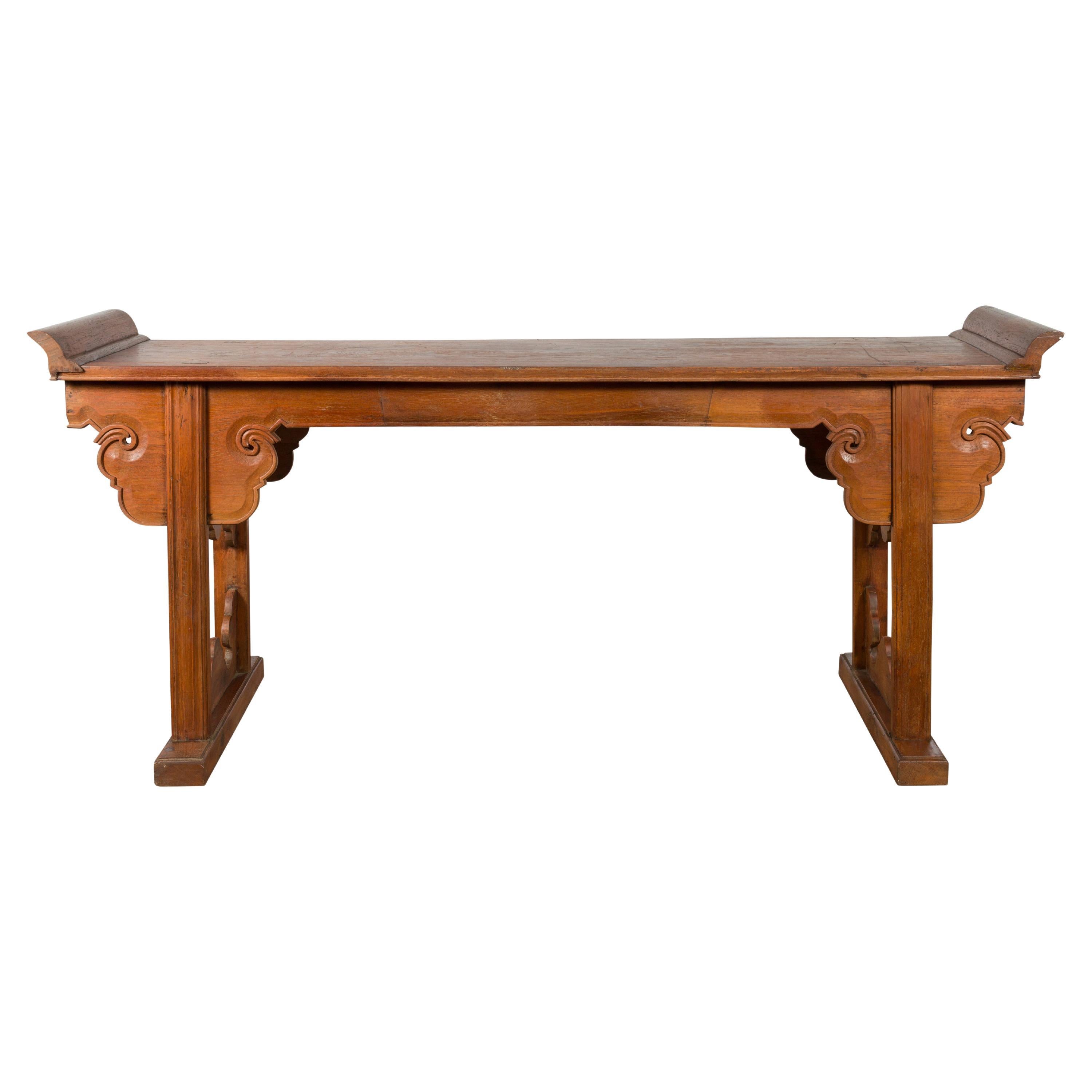 Chinese Late 20th Century Altar Console Table with Carved Scrolling Apron