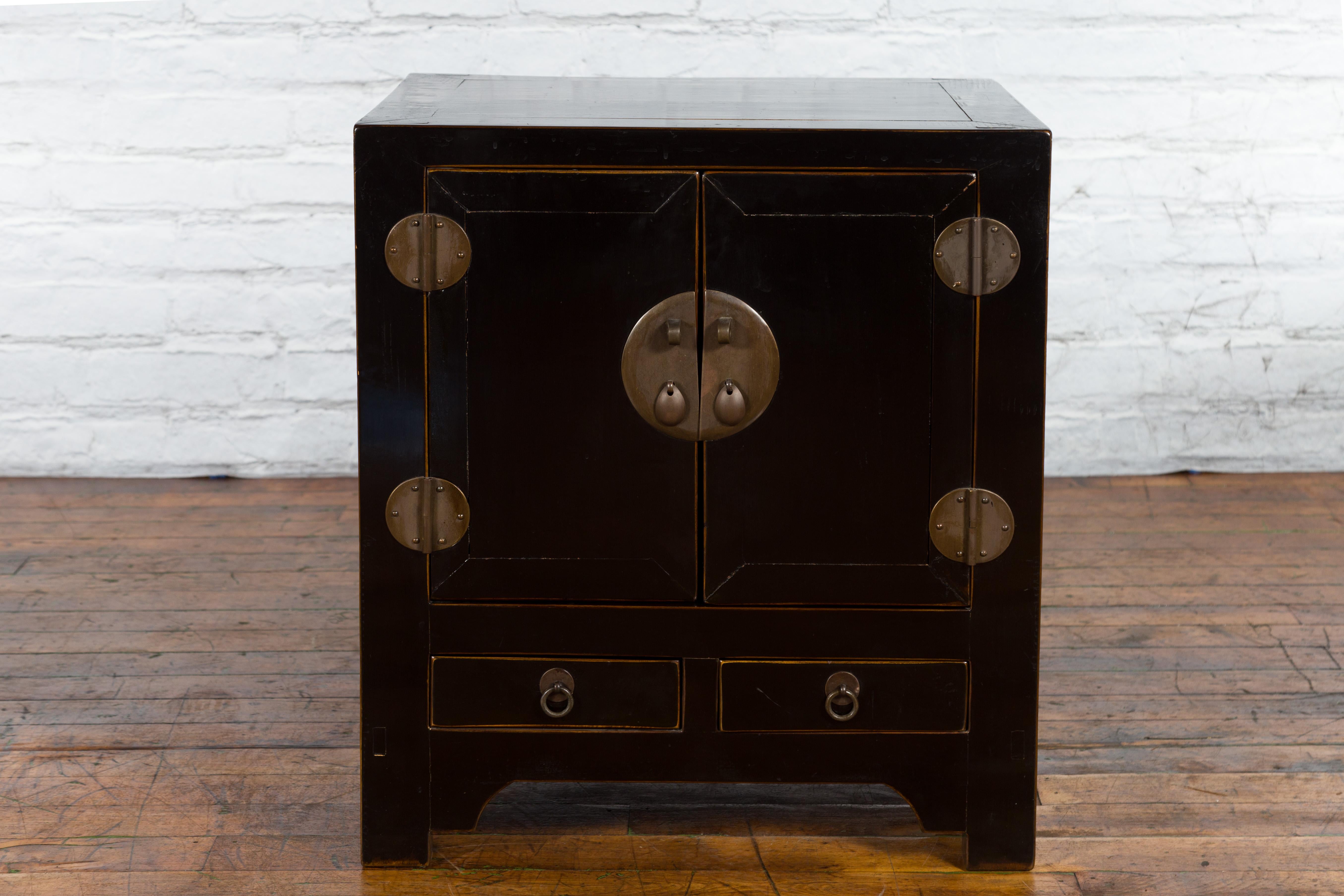 Lacquered Qing Dynasty 19th Century Chinese Black Lacquer Side Cabinet with Two Drawers For Sale