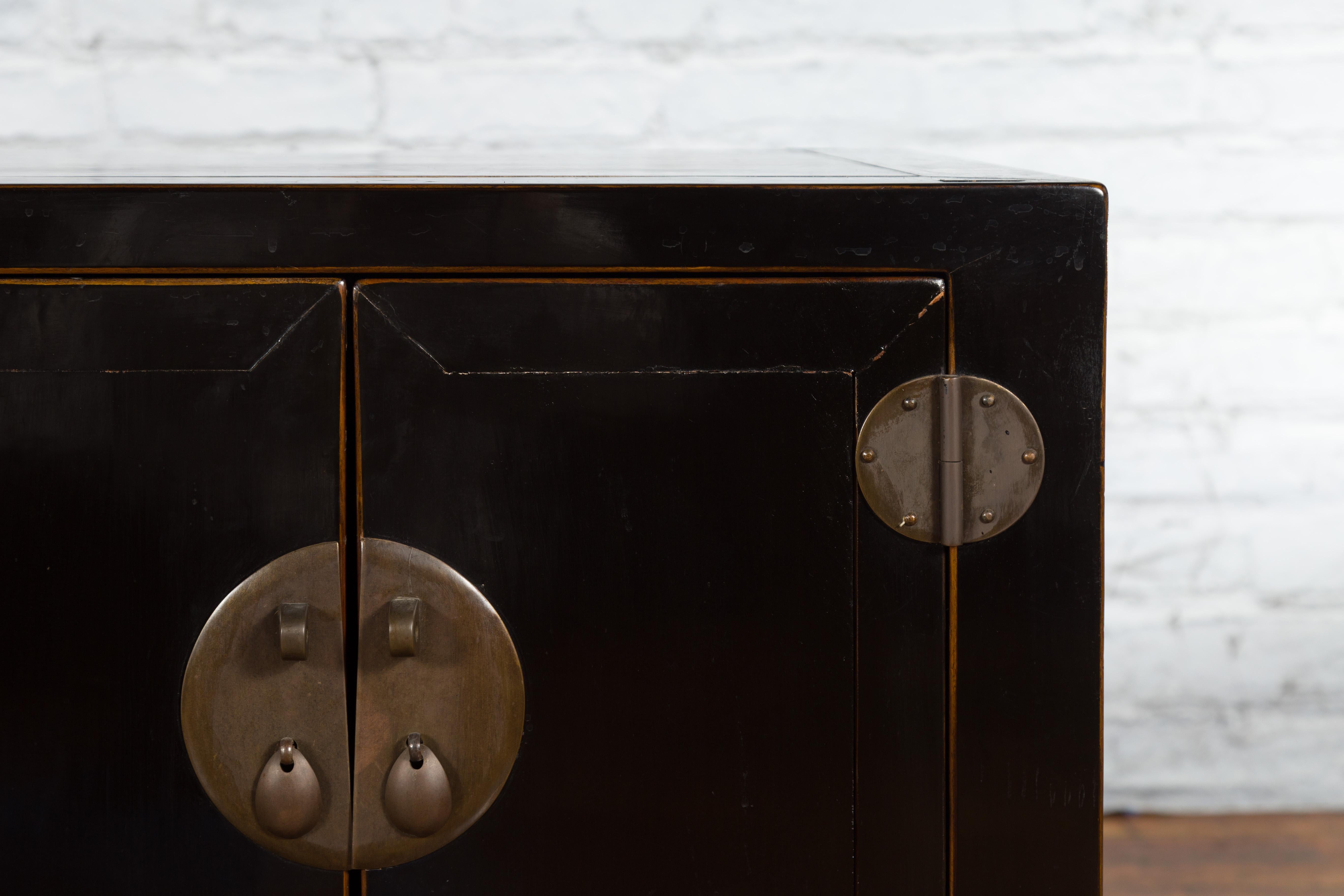 Brass Qing Dynasty 19th Century Chinese Black Lacquer Side Cabinet with Two Drawers For Sale
