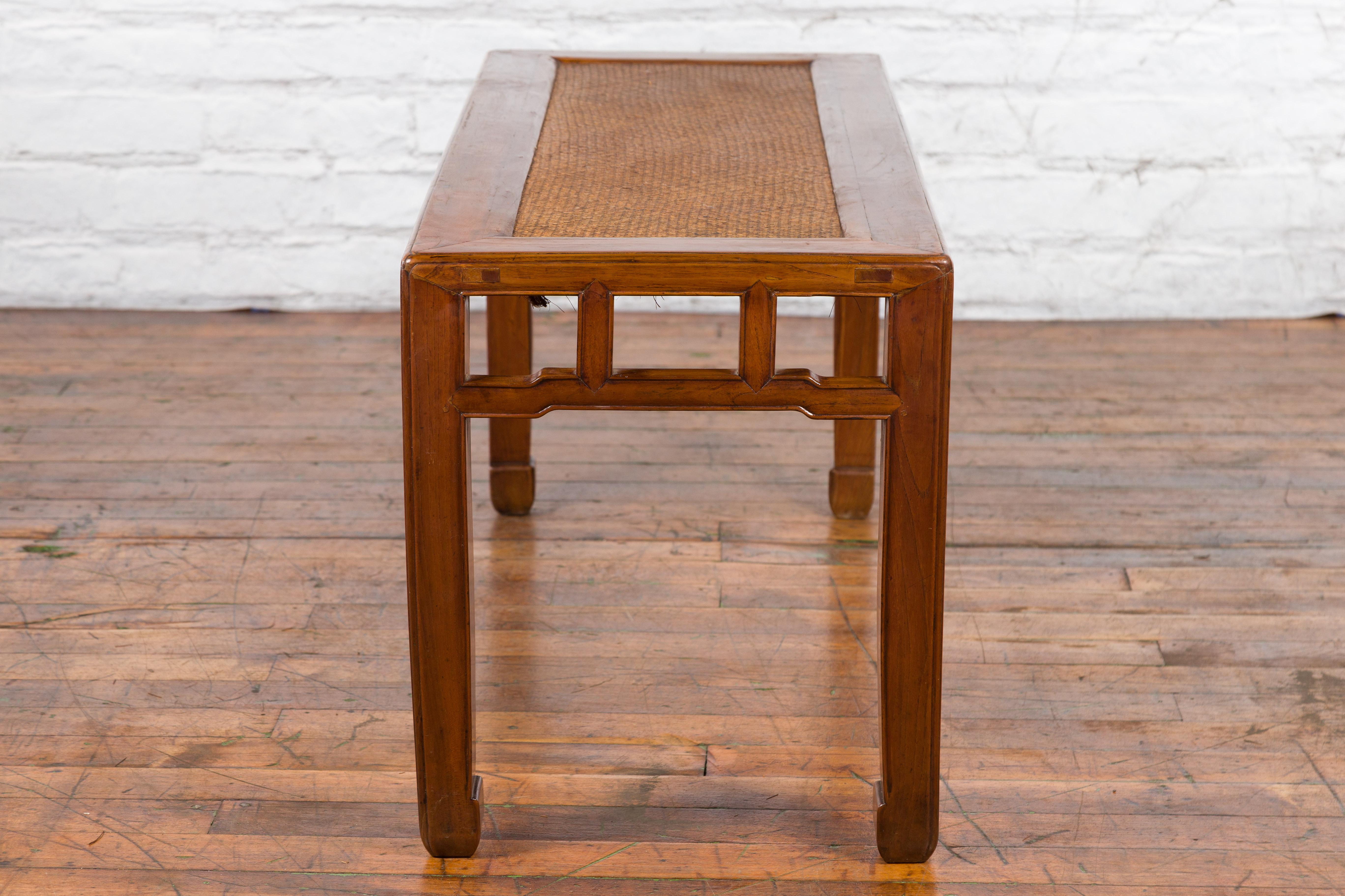 Qing Dynasty 19th Century Chinese Coffee Table with Rattan Top and Carved Apron For Sale 10