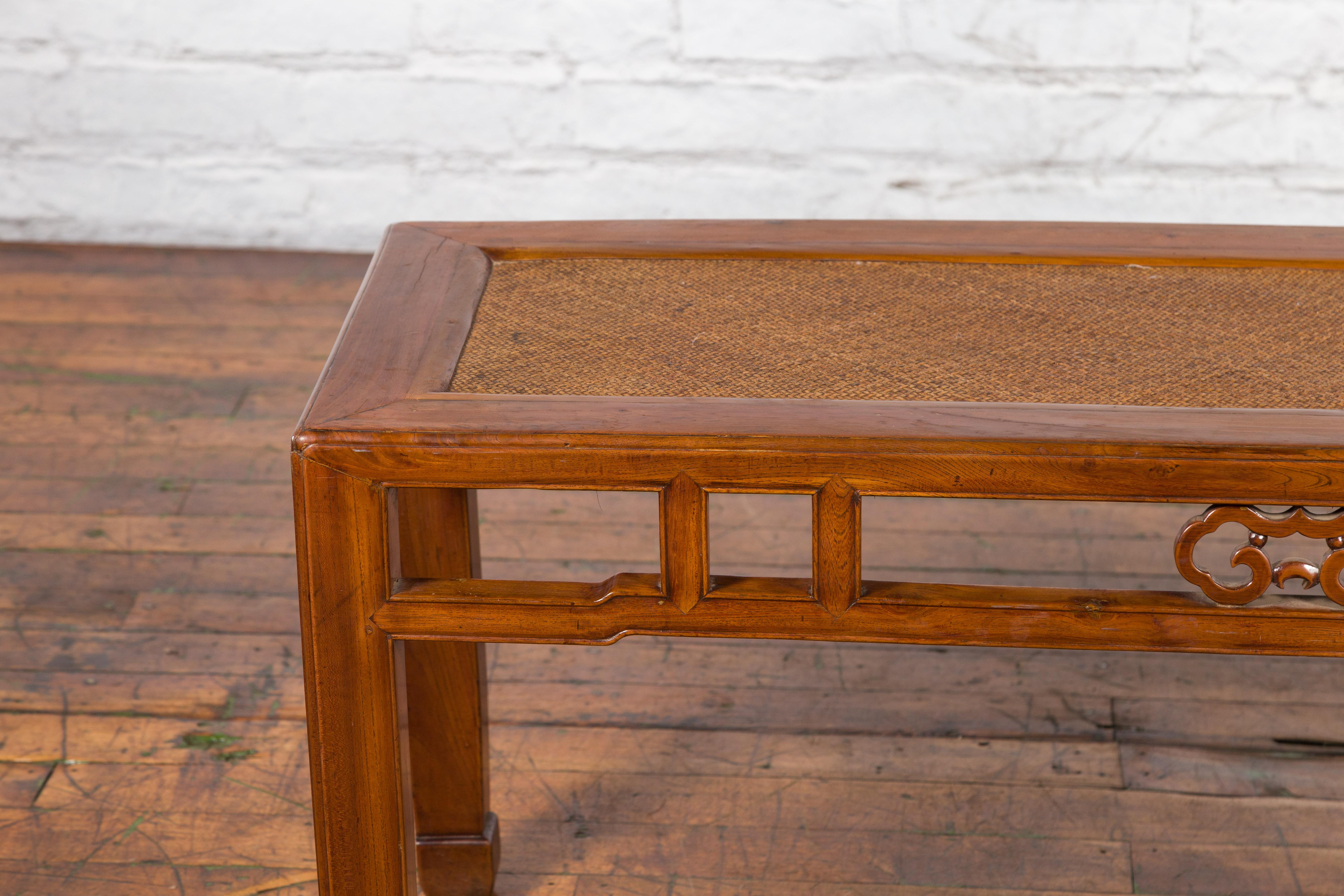 Qing Dynasty 19th Century Chinese Coffee Table with Rattan Top and Carved Apron For Sale 3