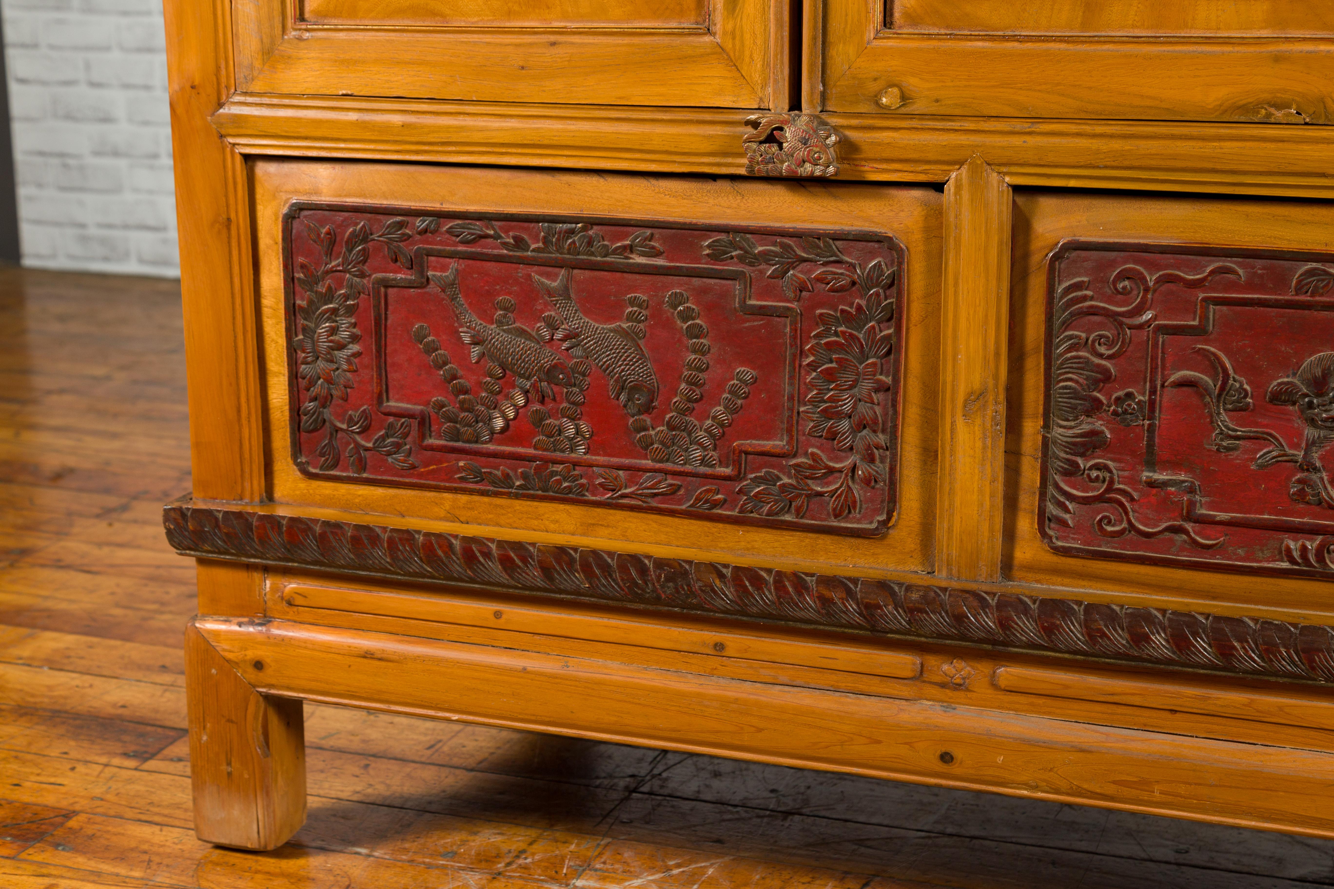 Qing Dynasty 19th Century Chinese Hand Carved Armoire with Gilt Painted Panels 6