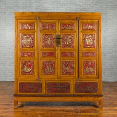 Qing Dynasty 19th Century Chinese Hand Carved Armoire with Gilt Painted Panels
