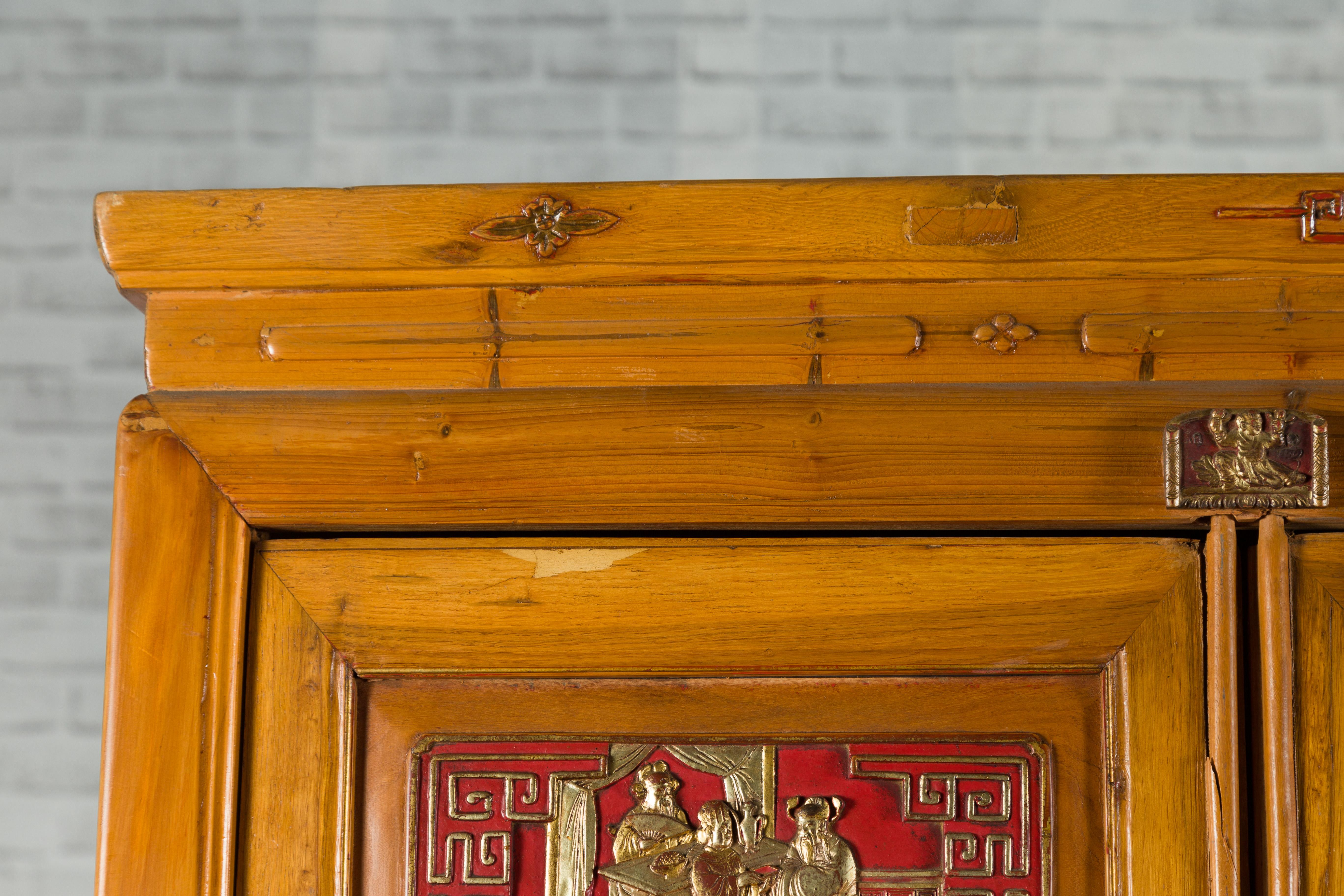 Qing Dynasty 19th Century Chinese Hand Carved Armoire with Gilt Painted Panels 1