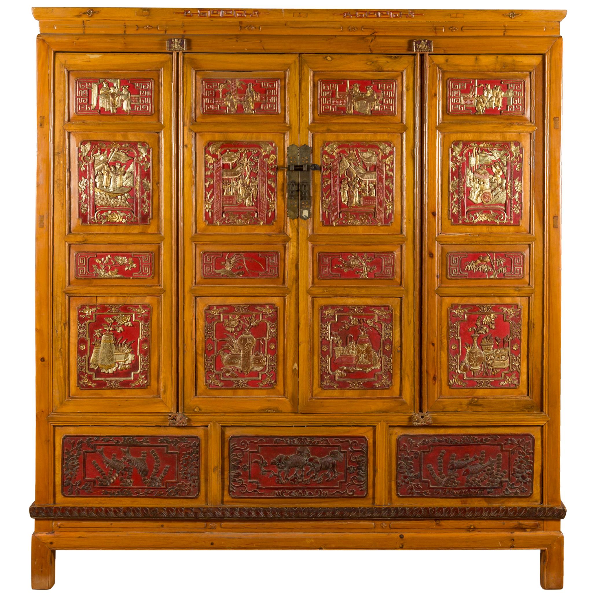 Qing Dynasty 19th Century Chinese Hand Carved Armoire with Gilt Painted Panels