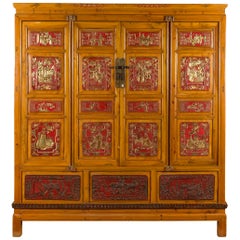 Antique Qing Dynasty 19th Century Chinese Hand Carved Armoire with Gilt Painted Panels