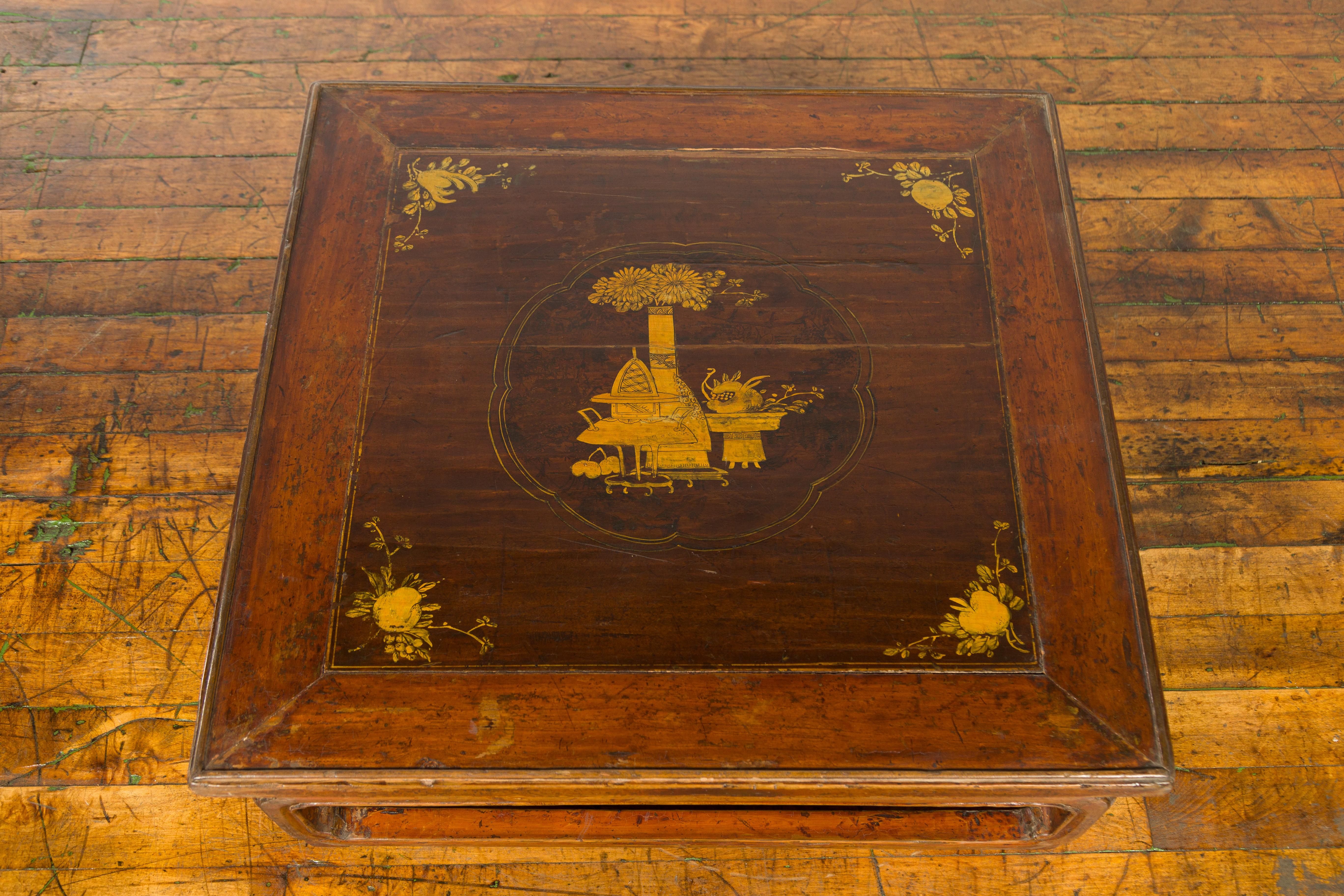 Legno Tavolino basso Kang cinese del XIX secolo della dinastia Qing con decorazioni dipinte in vendita