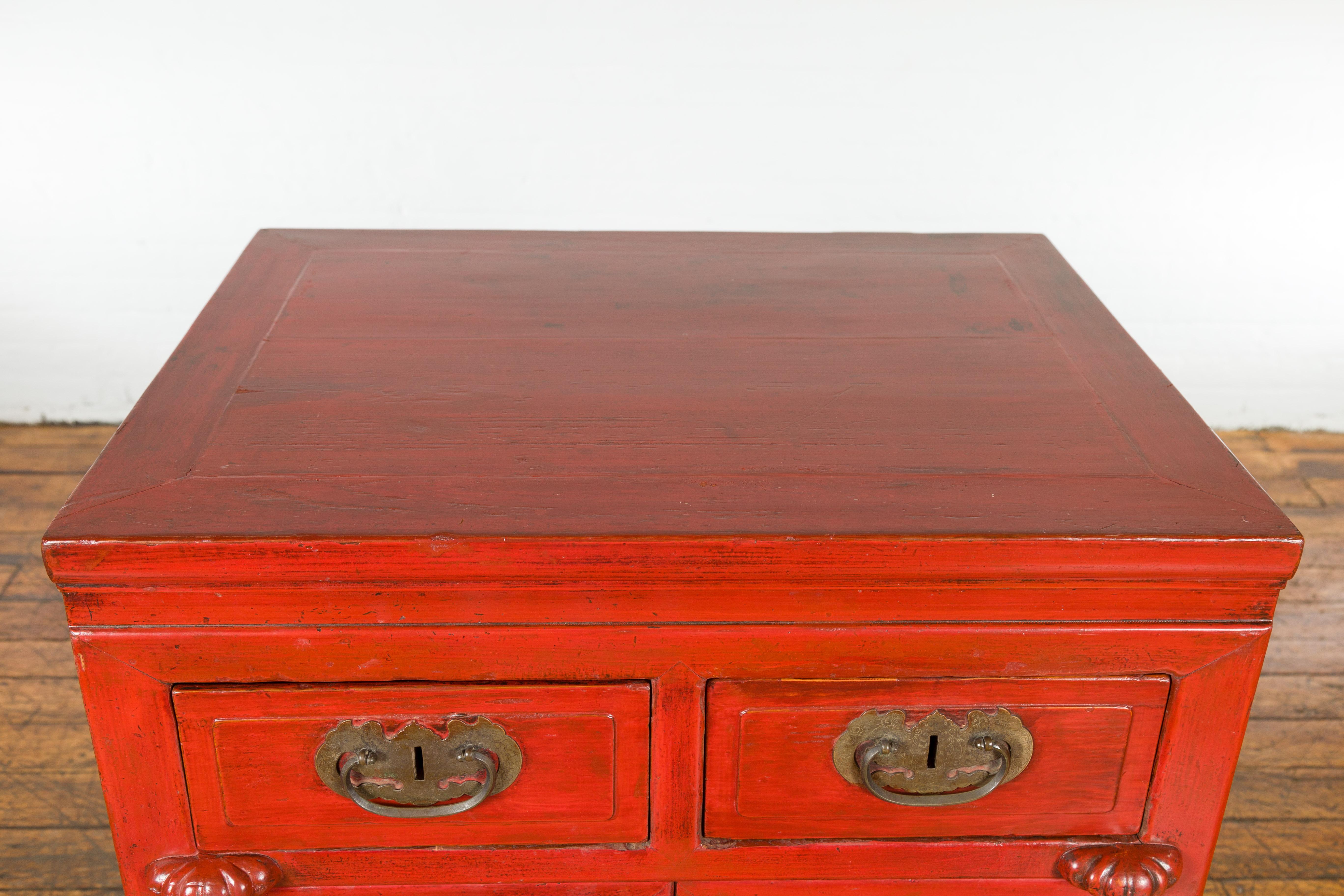 Qing Dynasty 19th Century Chinese Red Lacquer Cabinet with Drawers and Doors For Sale 8