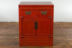 Qing Dynasty 19th Century Red Lacquer Cabinet with Drawers and Doors