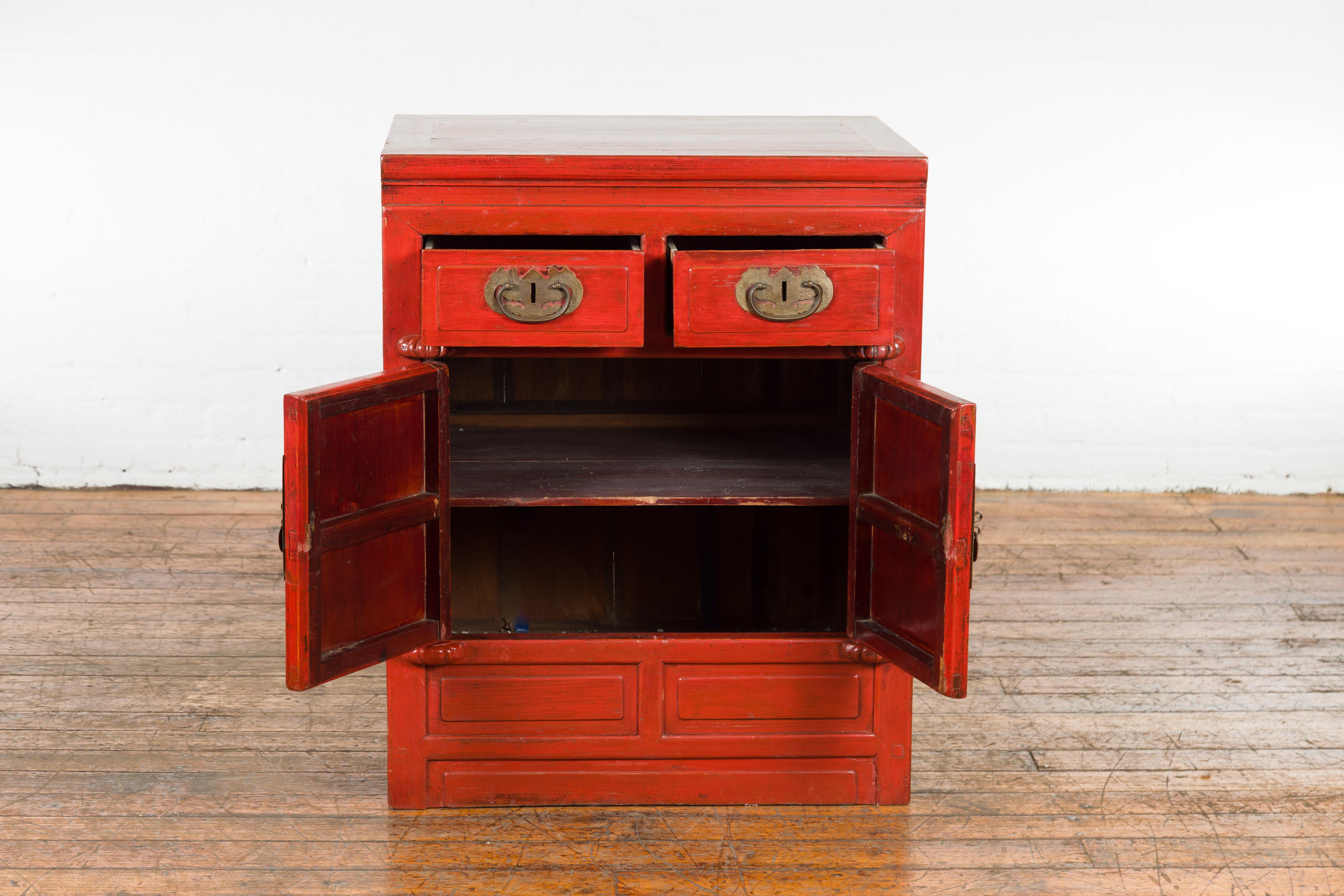 Bronze Qing Dynasty 19th Century Chinese Red Lacquer Cabinet with Drawers and Doors For Sale