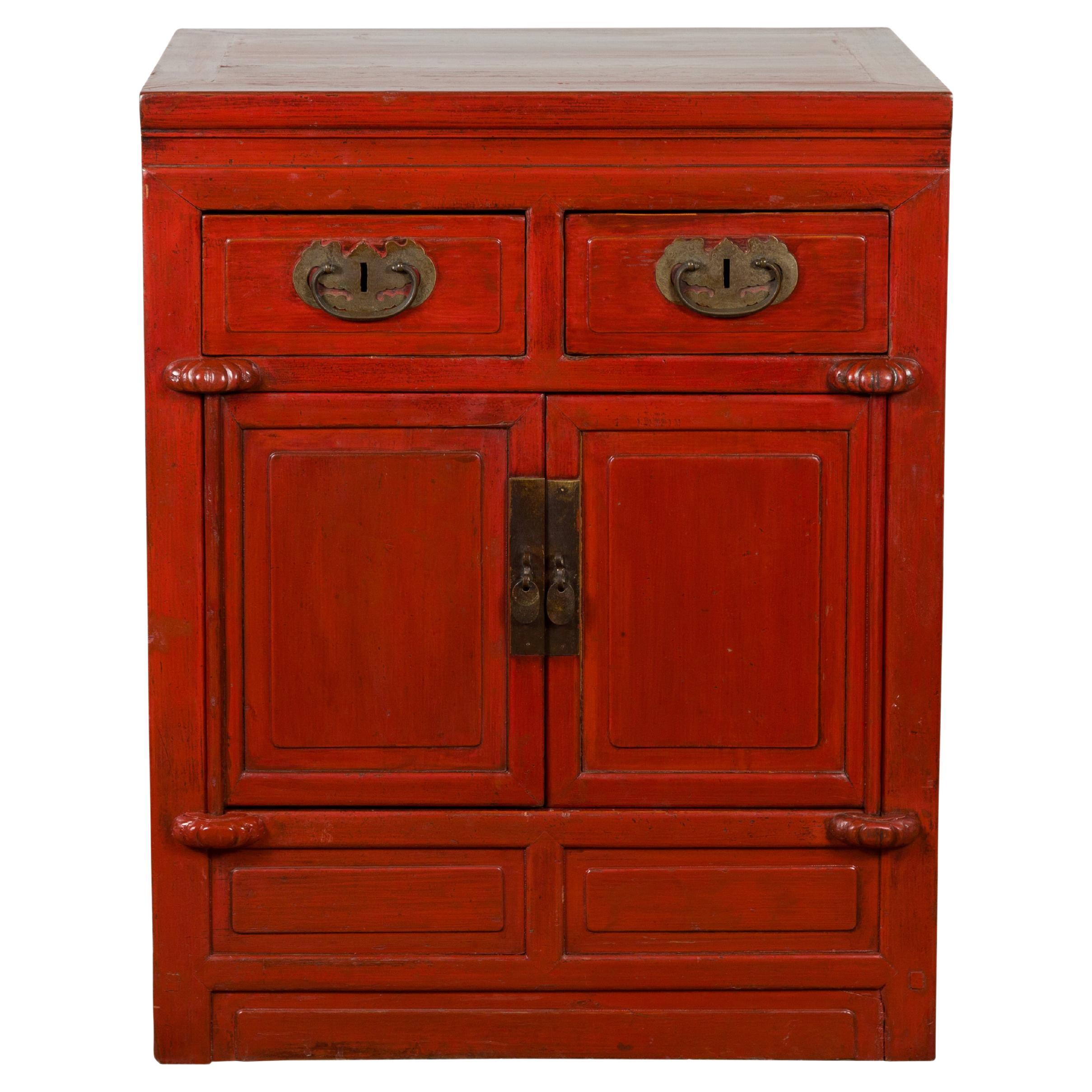 Qing Dynasty 19th Century Chinese Red Lacquer Cabinet with Drawers and Doors For Sale