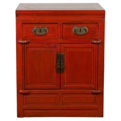 Qing Dynasty 19th Century Chinese Red Lacquer Cabinet with Drawers and Doors