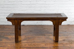 Qing Dynasty 19th Century Coffee Table with Rattan Insert Top and Carved Apron