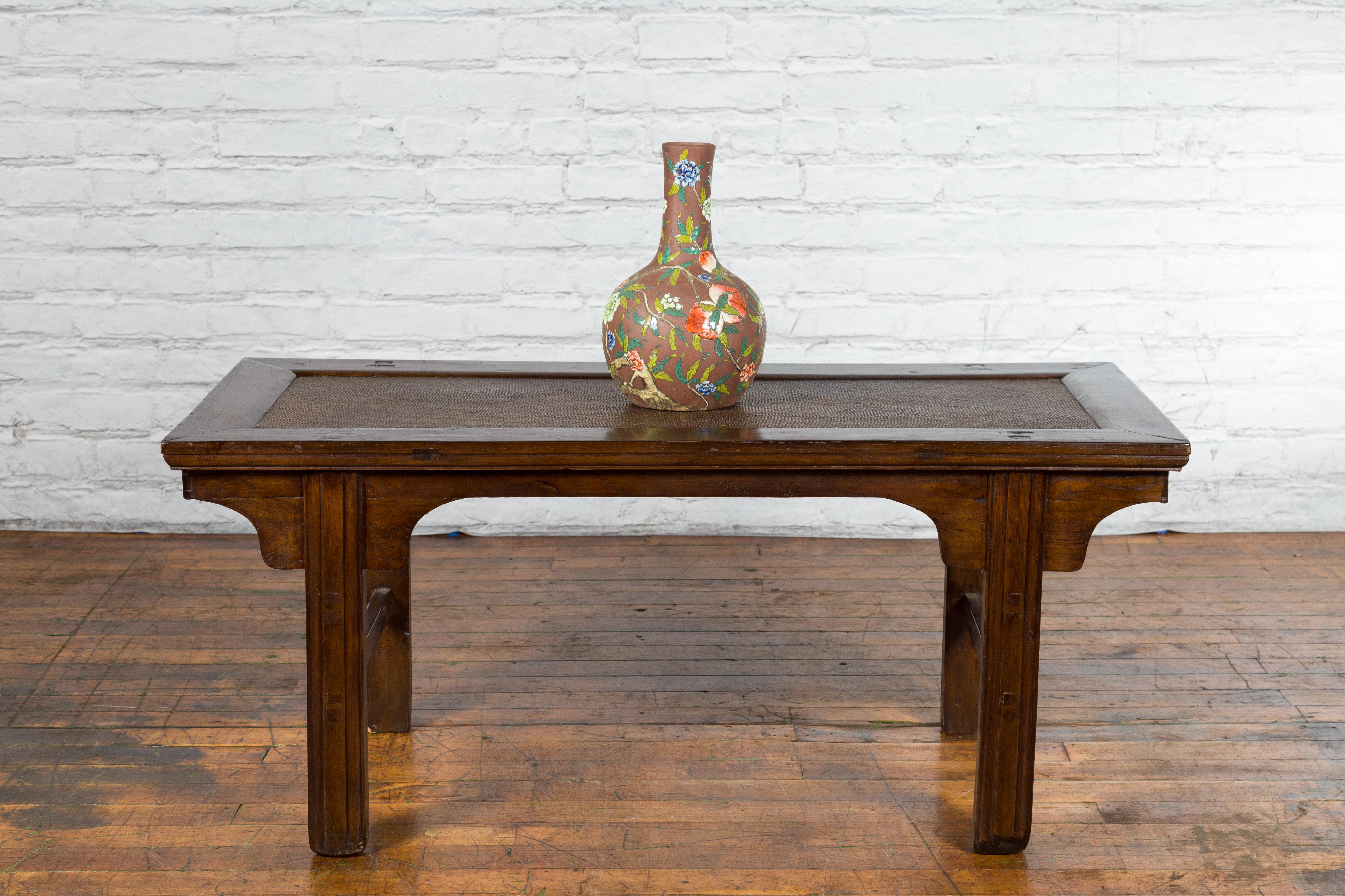 Qing Dynasty 19th Century Coffee Table with Rattan Insert Top and Carved Apron In Good Condition For Sale In Yonkers, NY