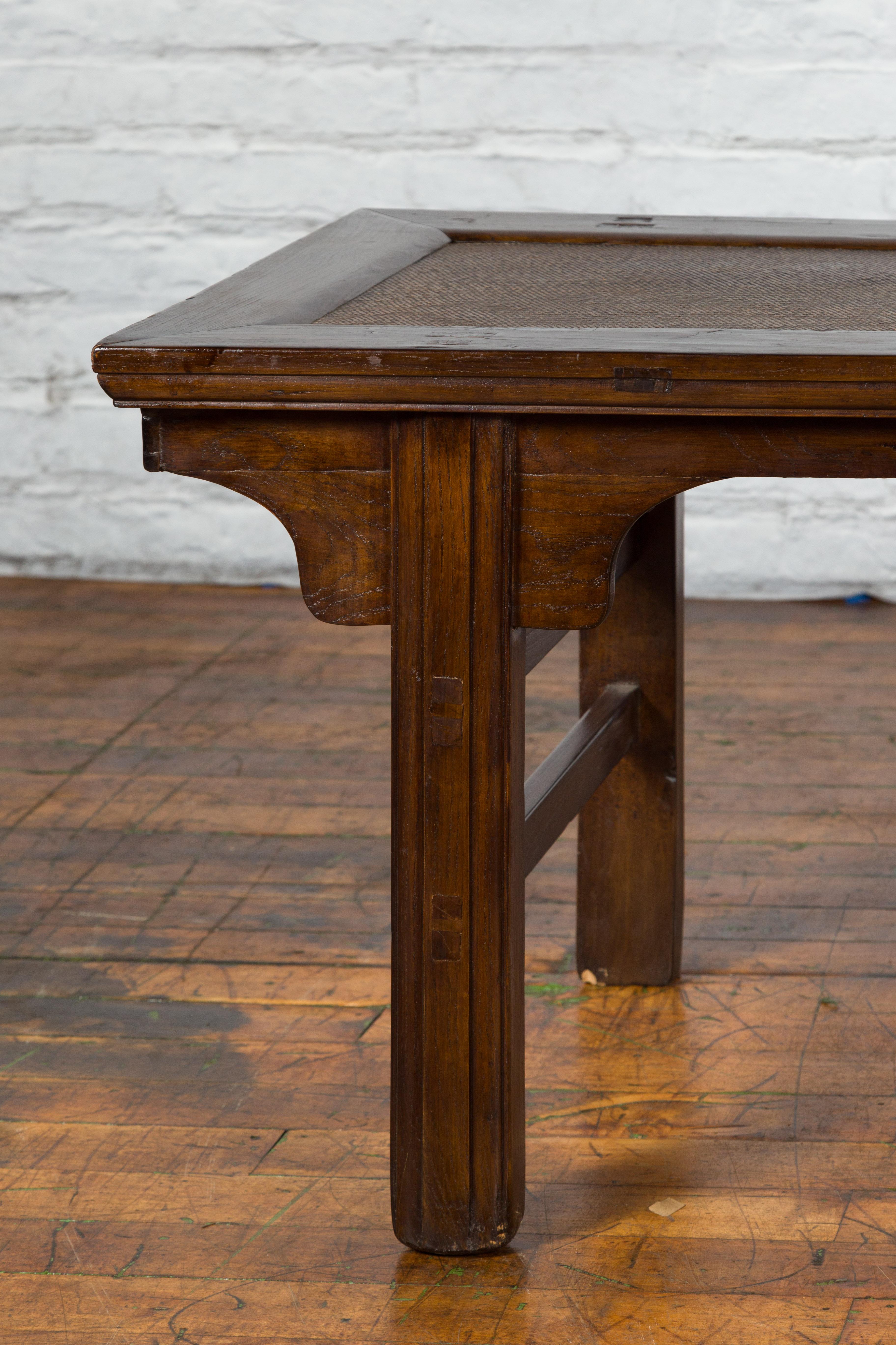 Qing Dynasty 19th Century Coffee Table with Rattan Insert Top and Carved Apron For Sale 3