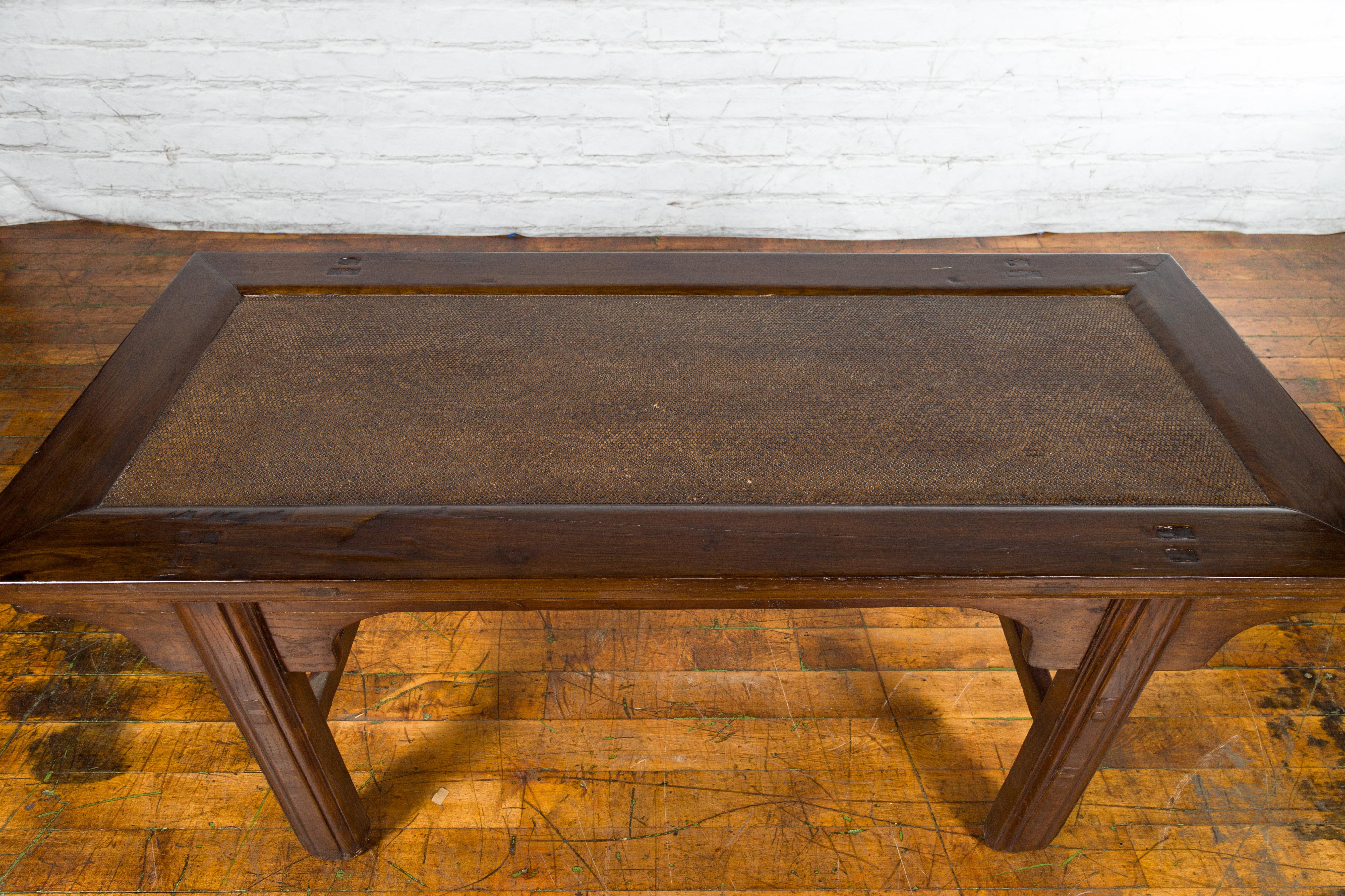 Qing Dynasty 19th Century Coffee Table with Rattan Insert Top and Carved Apron For Sale 5