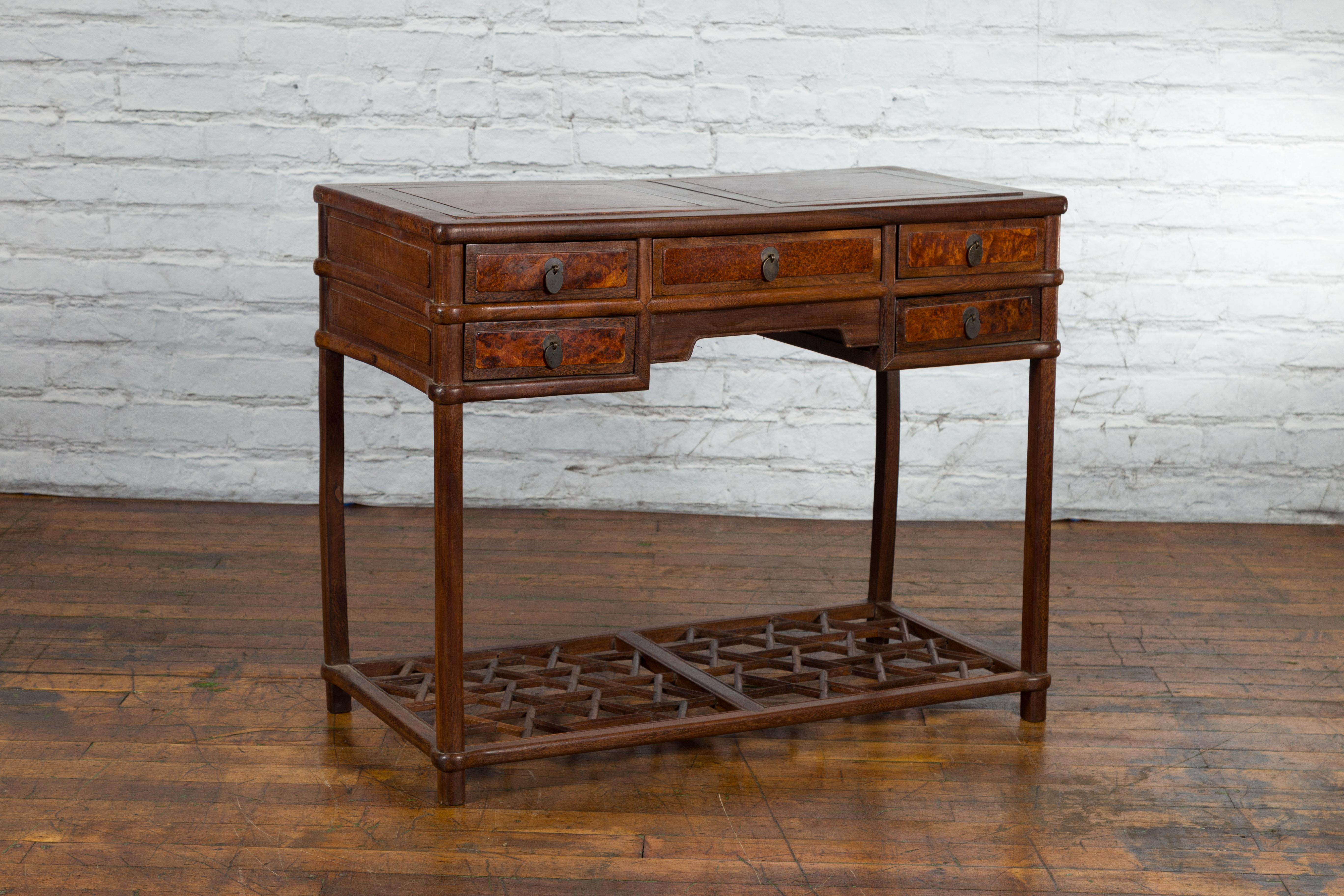 Qing Dynasty 19th Century Desk with Burlwood Top, Drawers and Cracked Ice Shelf For Sale 3