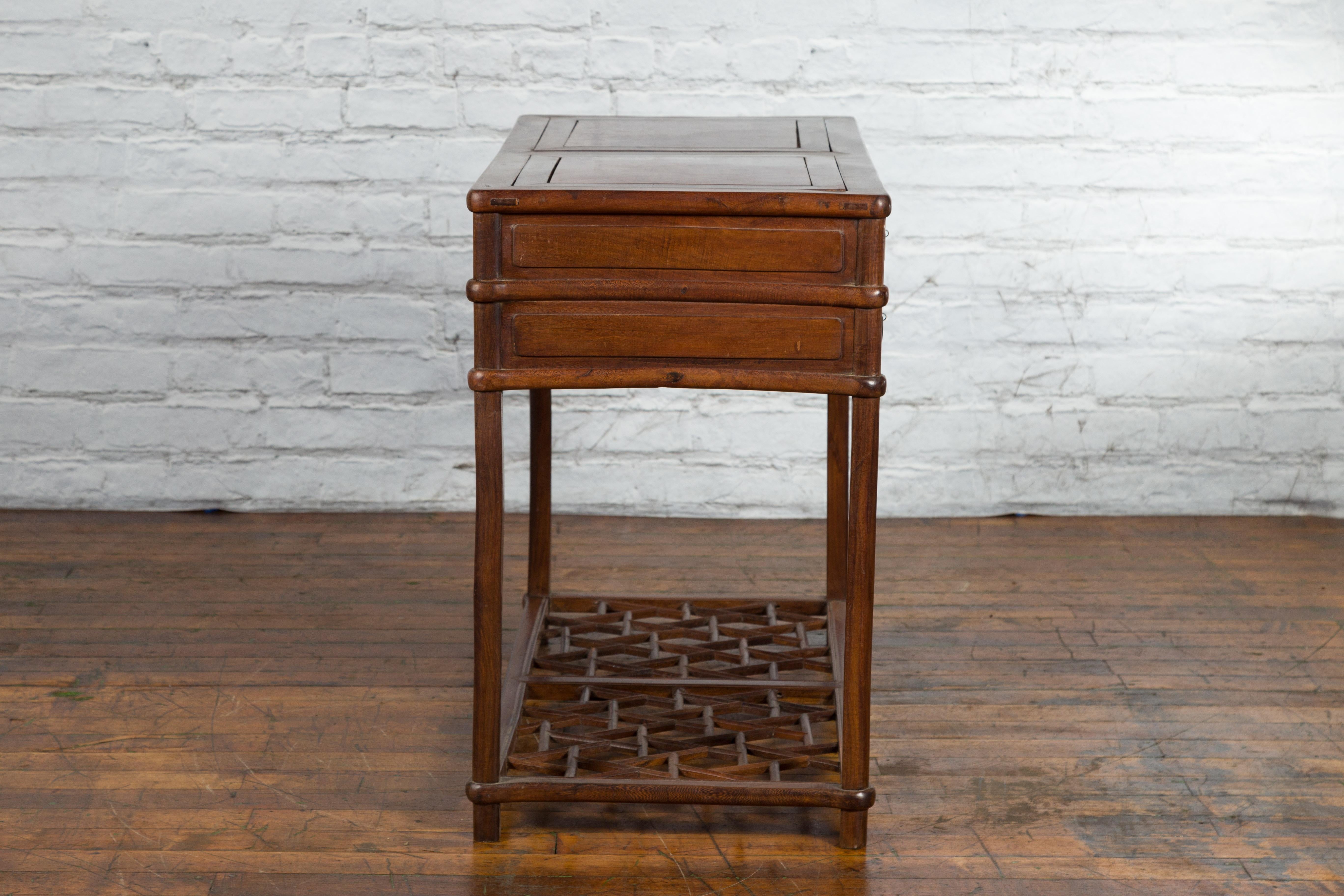 Qing Dynasty 19th Century Desk with Burlwood Top, Drawers and Cracked Ice Shelf 3