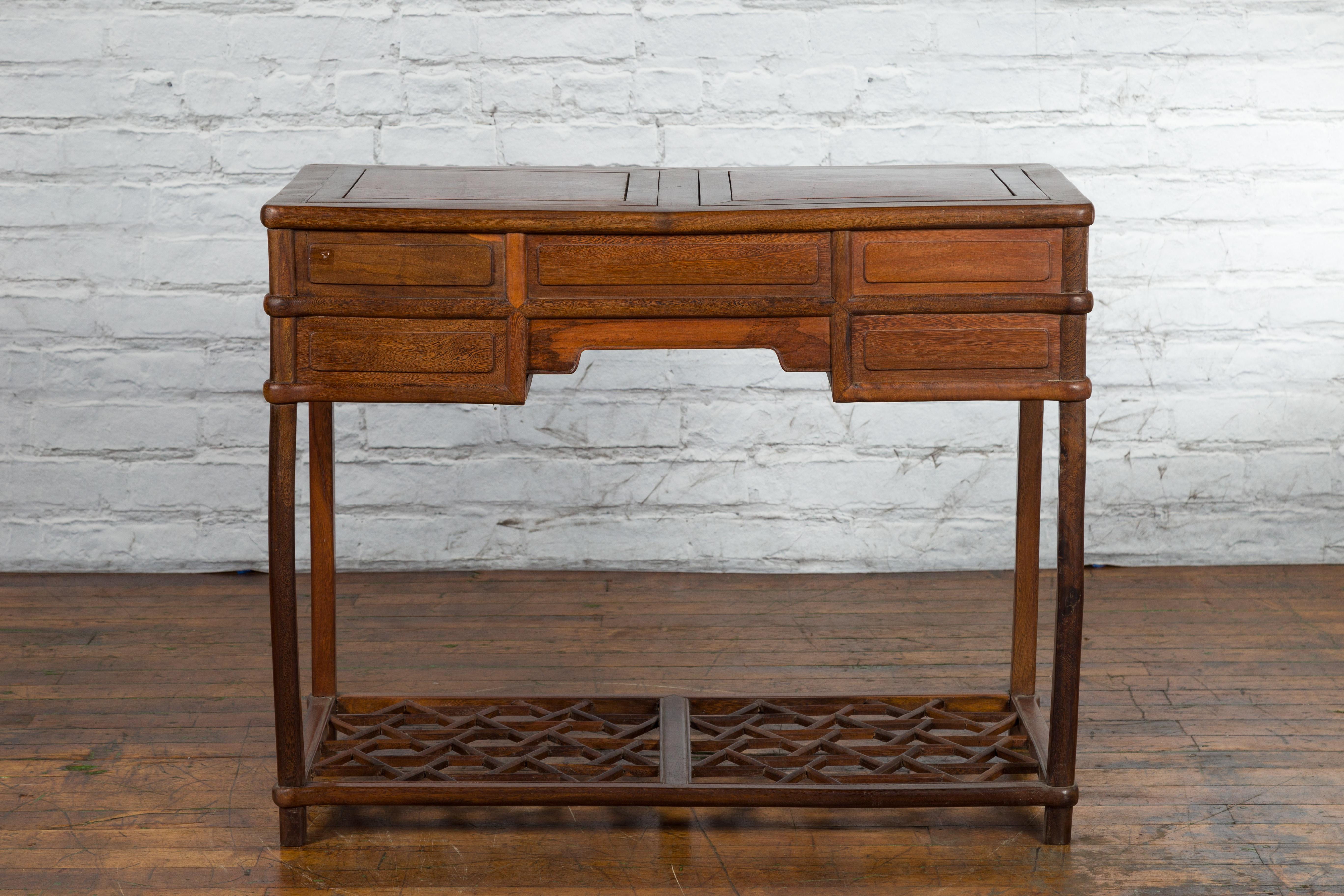 Qing Dynasty 19th Century Desk with Burlwood Top, Drawers and Cracked Ice Shelf For Sale 6