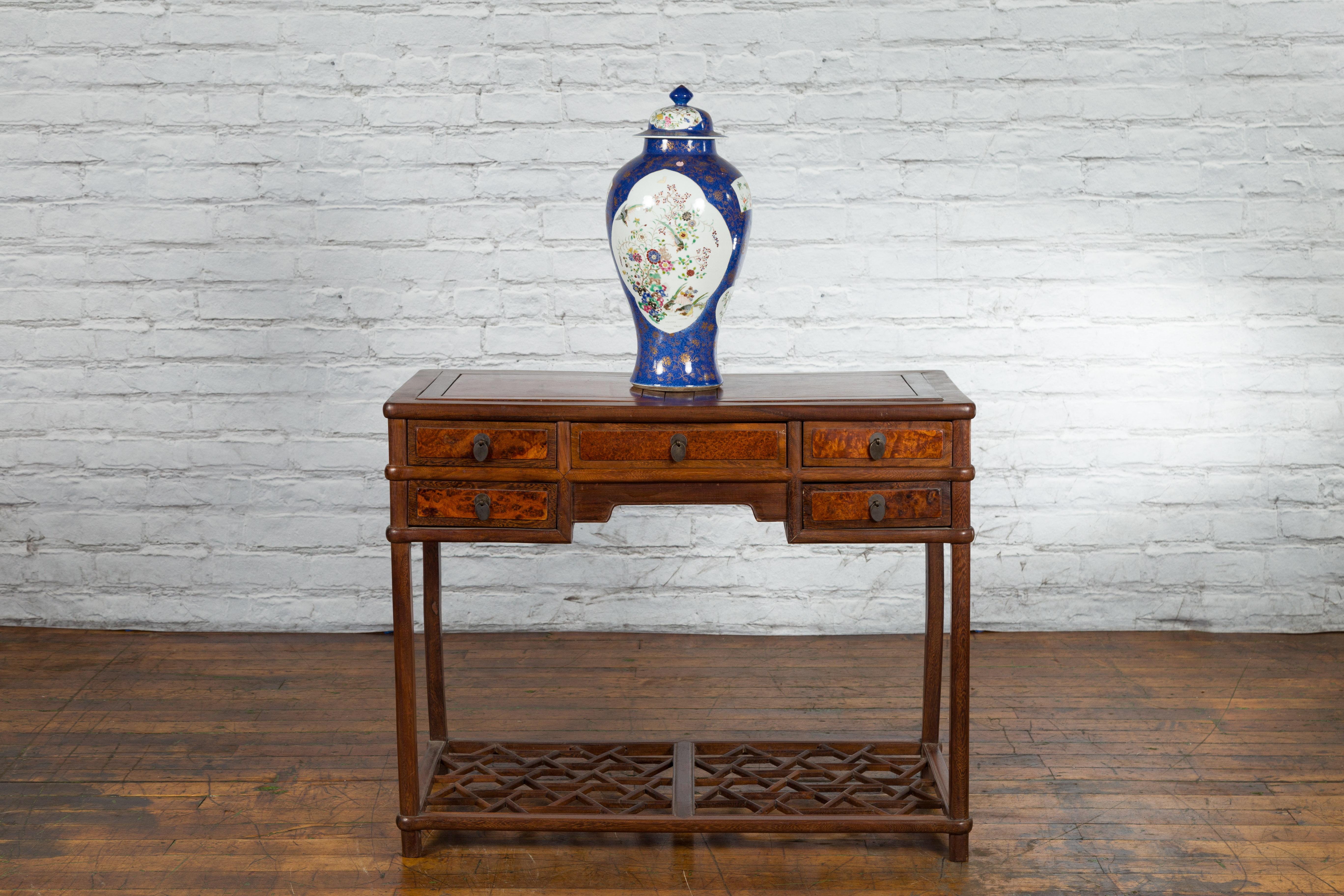 Chinese Qing Dynasty 19th Century Desk with Burlwood Top, Drawers and Cracked Ice Shelf For Sale