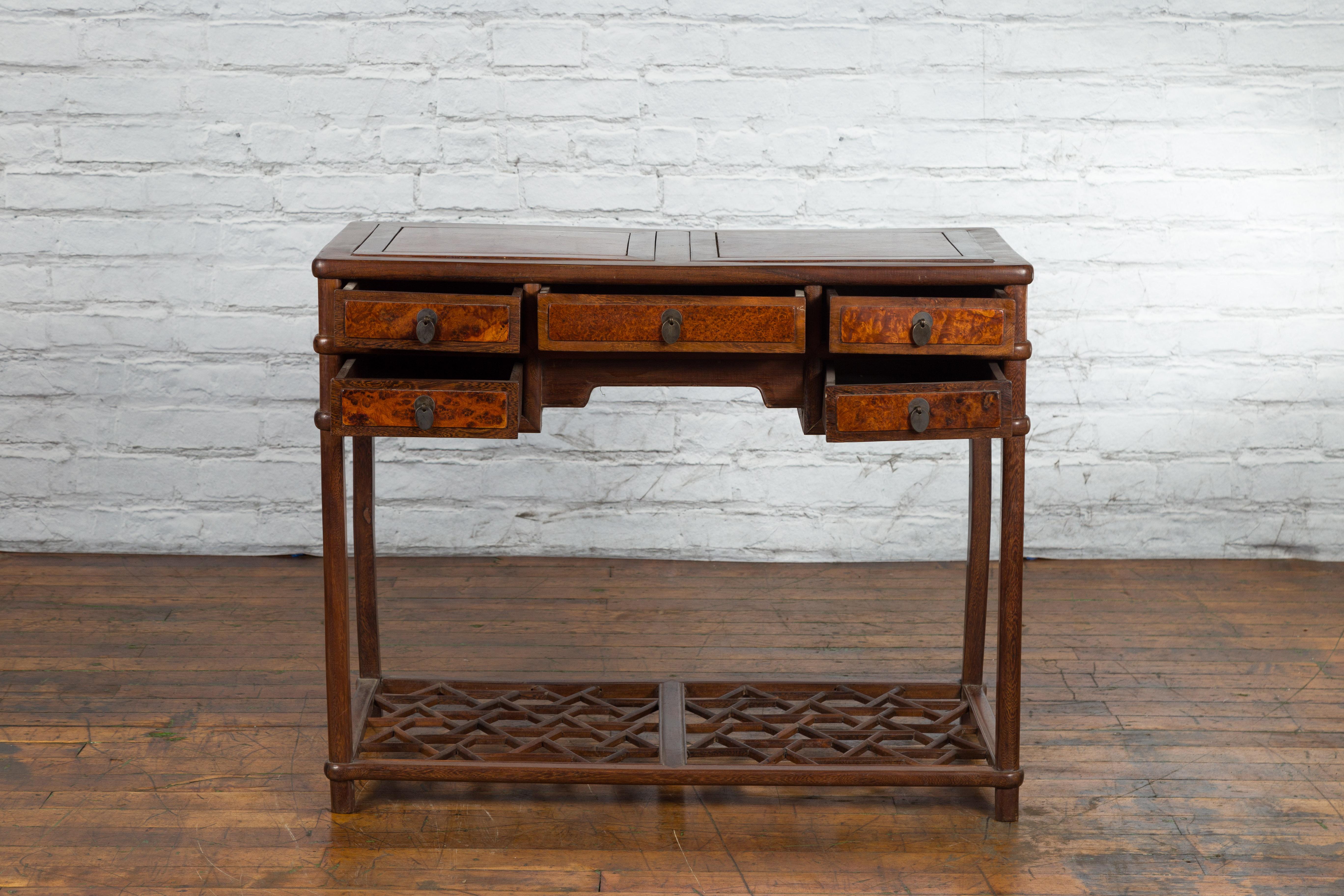Fretwork Qing Dynasty 19th Century Desk with Burlwood Top, Drawers and Cracked Ice Shelf For Sale