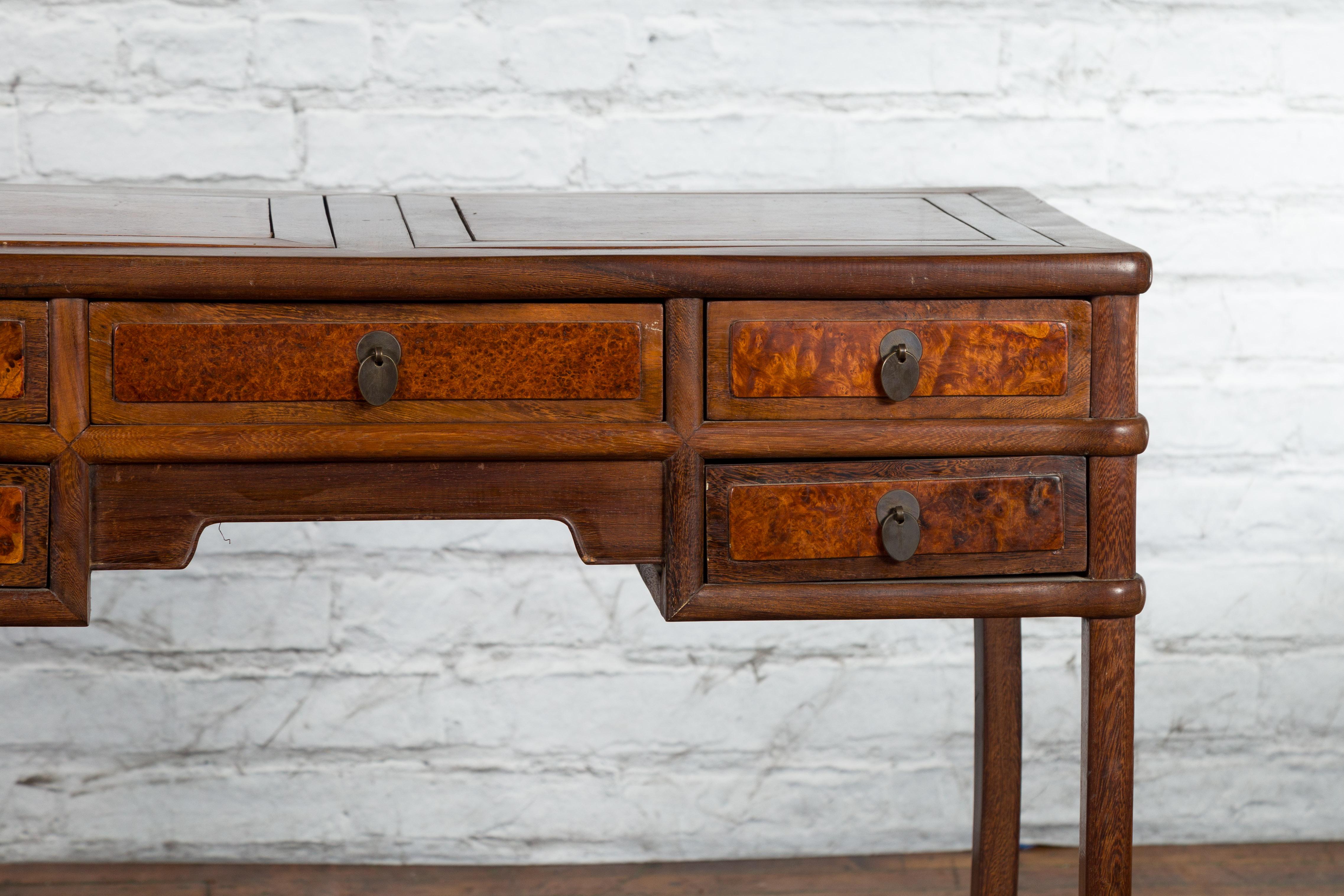 Wood Qing Dynasty 19th Century Desk with Burlwood Top, Drawers and Cracked Ice Shelf For Sale