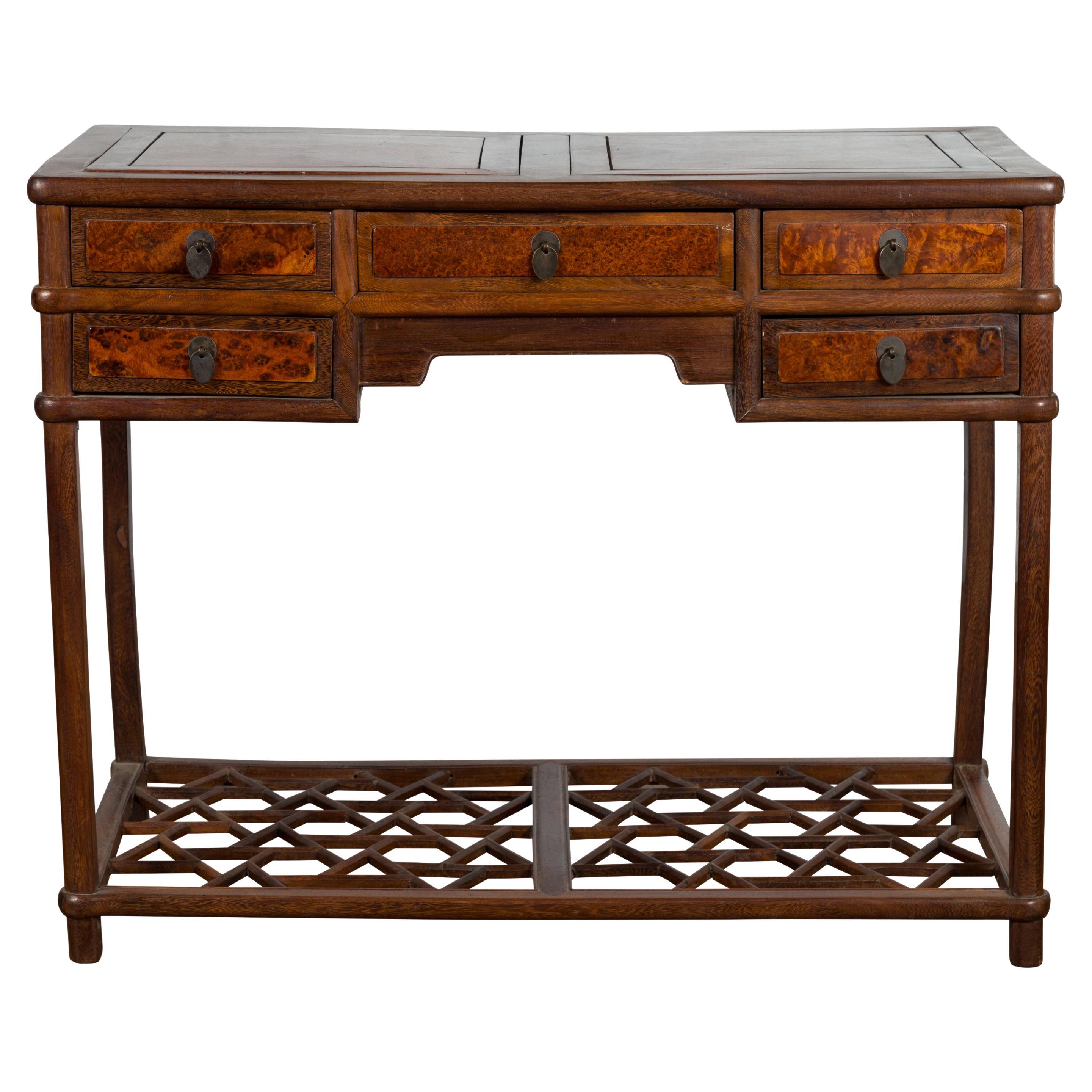 Qing Dynasty 19th Century Desk with Burlwood Top, Drawers and Cracked Ice Shelf