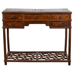 Antique Qing Dynasty 19th Century Desk with Burlwood Top, Drawers and Cracked Ice Shelf