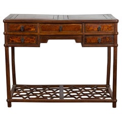 Bureau du XIXe siècle de la dynastie Qing avec plateau en bois de ronce, tiroirs et tablette de glace fissurée