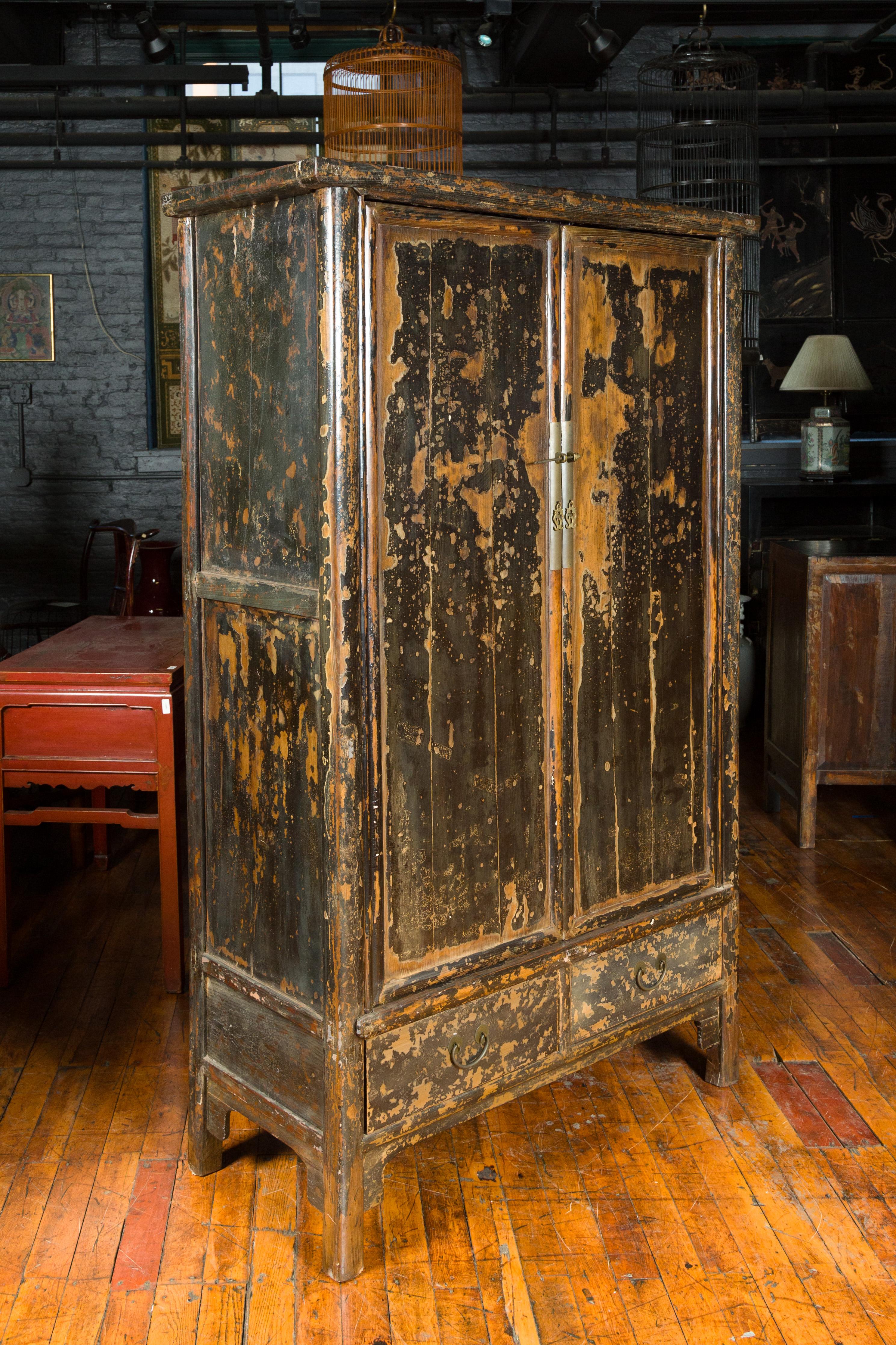 Wood Qing Dynasty 19th Century Distressed Black Lacquer Cabinet with Original Finish For Sale
