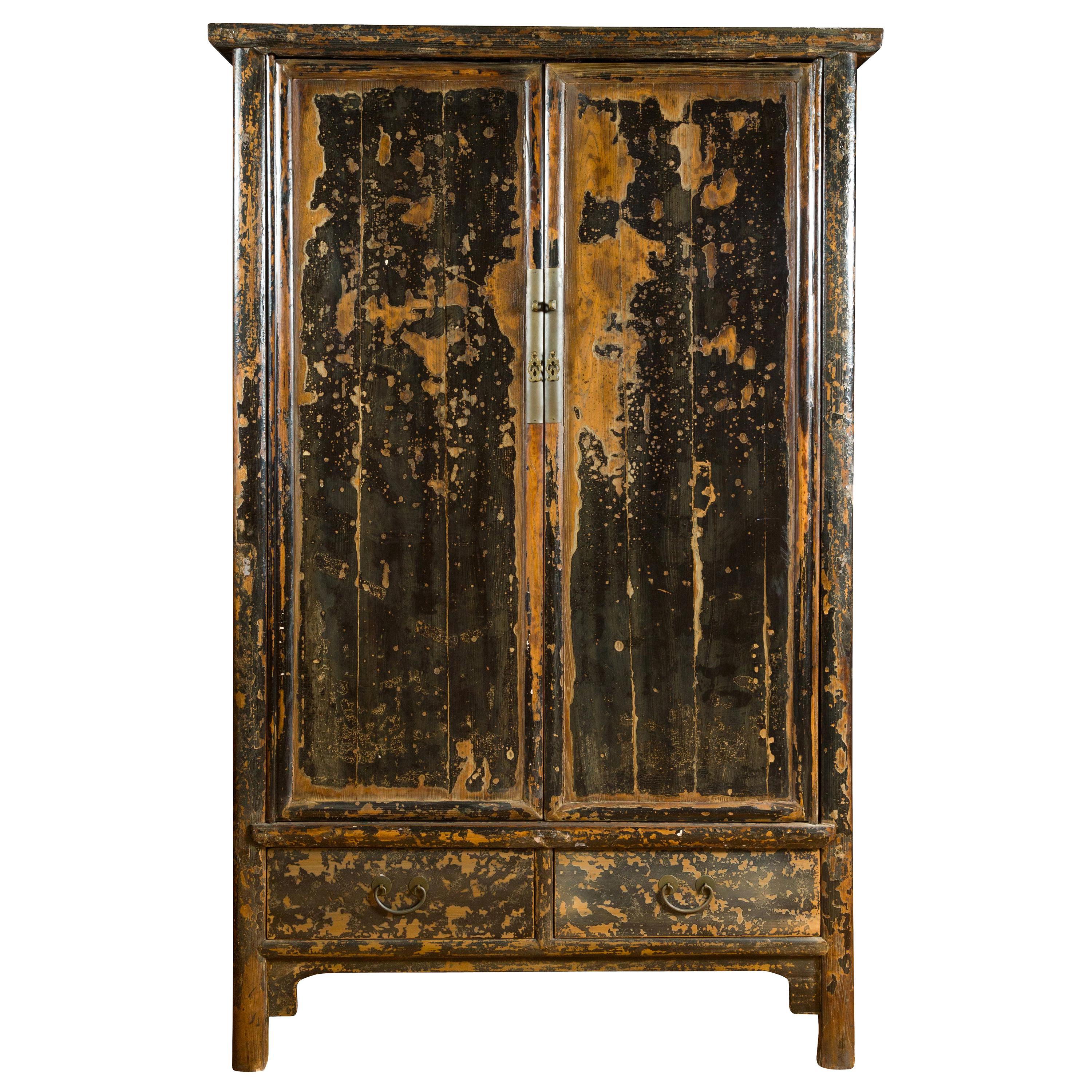Qing Dynasty 19th Century Distressed Black Lacquer Cabinet with Original Finish