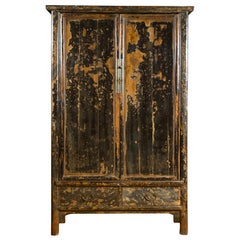 Antique Qing Dynasty 19th Century Distressed Black Lacquer Cabinet with Original Finish