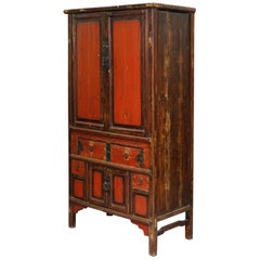 Qing Dynasty 19th Century Distressed Brown Lacquer Cabinet With Original Finish