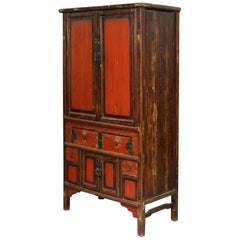 Qing Dynasty 19th Century Distressed Brown Lacquer Cabinet With Original Finish 