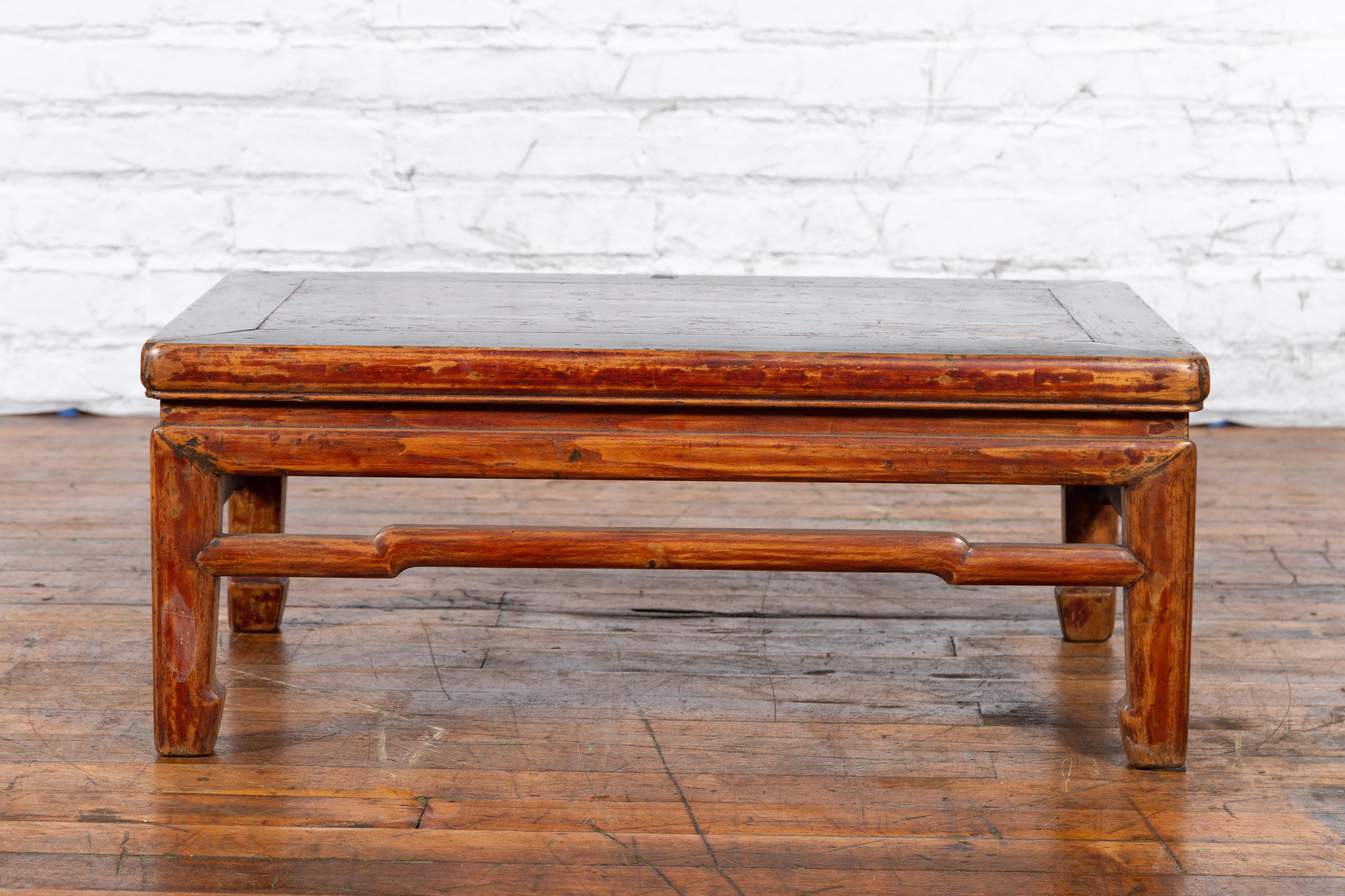 Wood Qing Dynasty 19th Century Low Distressed Side Table with Humpback Stretchers For Sale