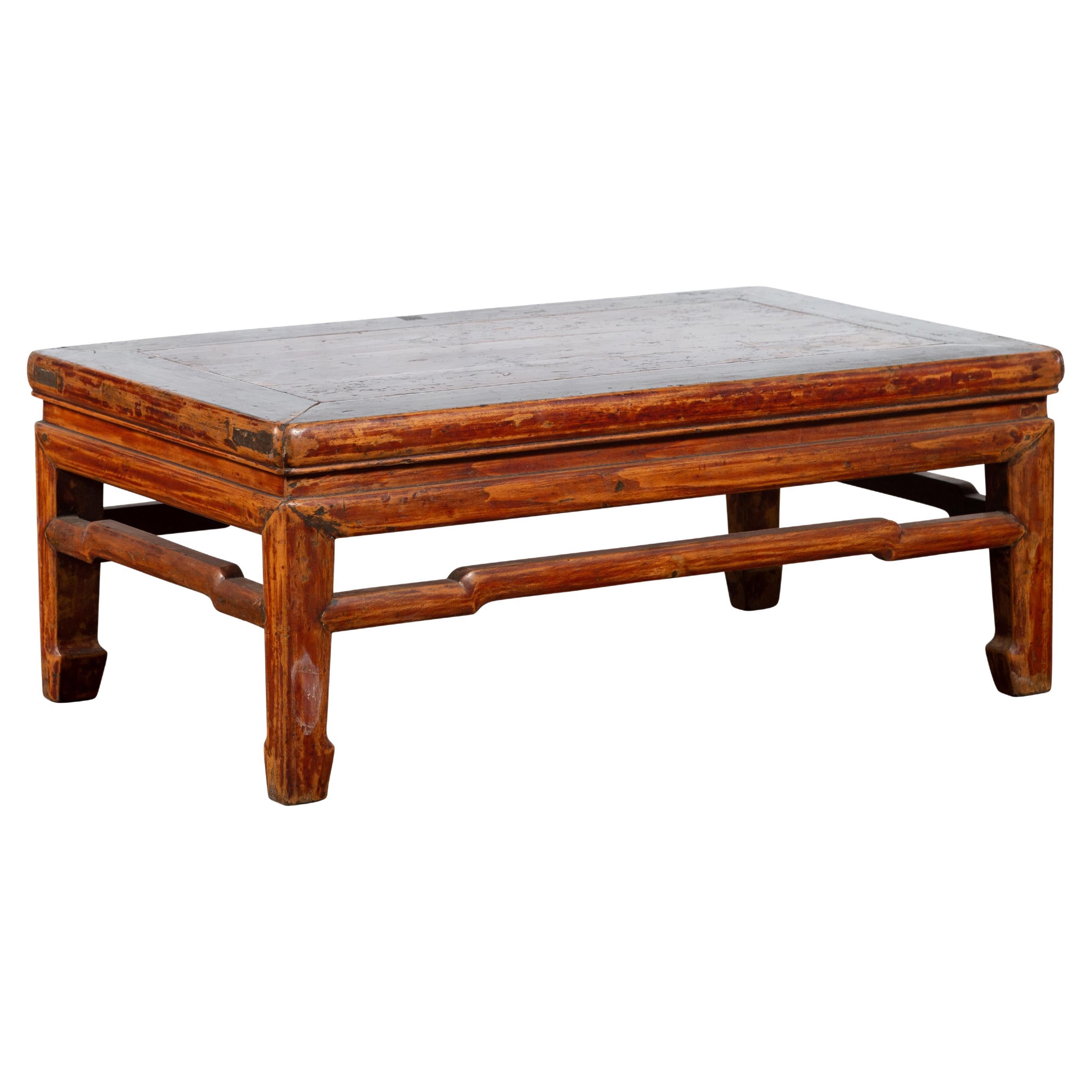 Qing Dynasty 19th Century Low Distressed Side Table with Humpback Stretchers For Sale
