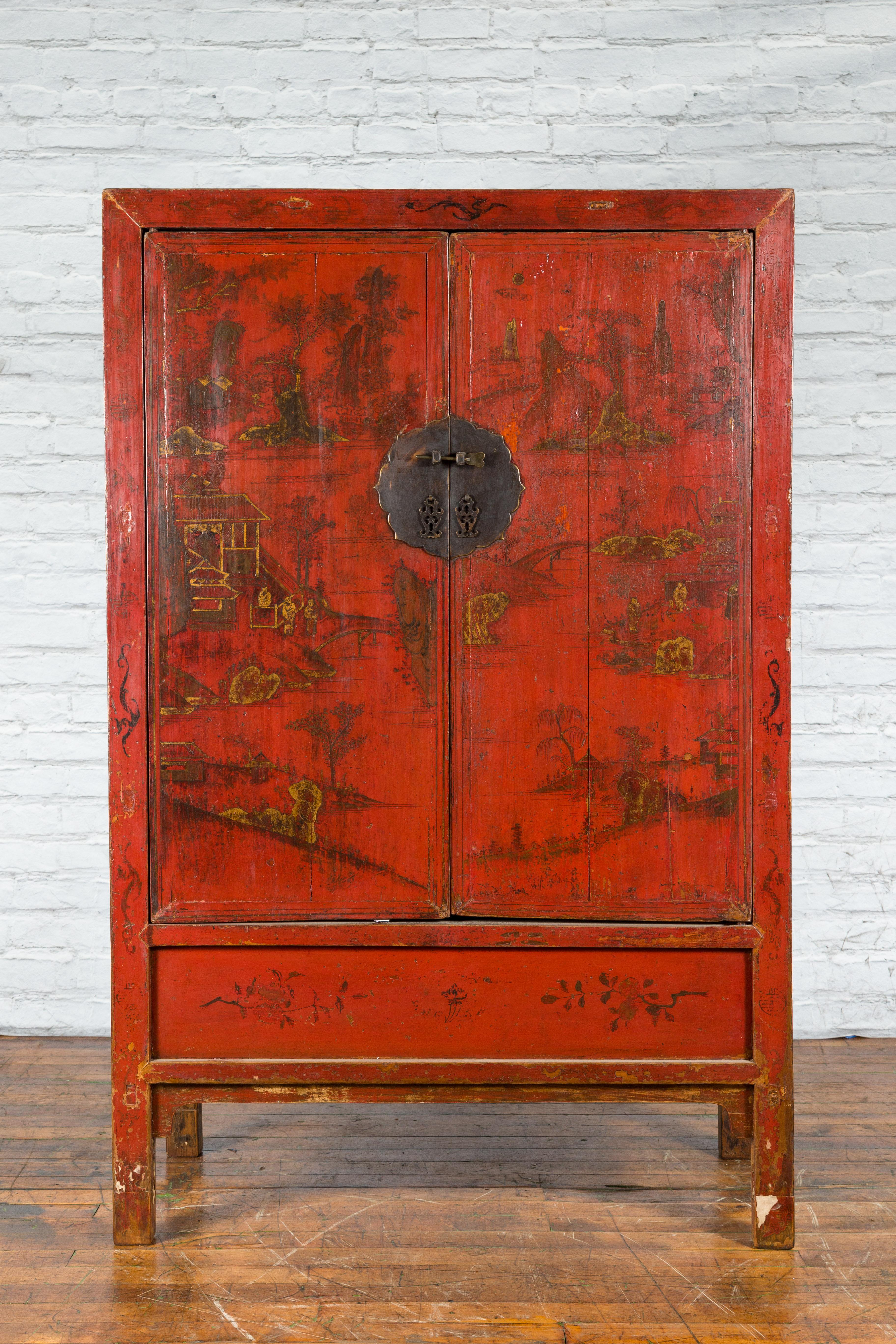 Cabinet peint à la main de la dynastie Qing du 19ème siècle avec laque rouge originale en vente 3