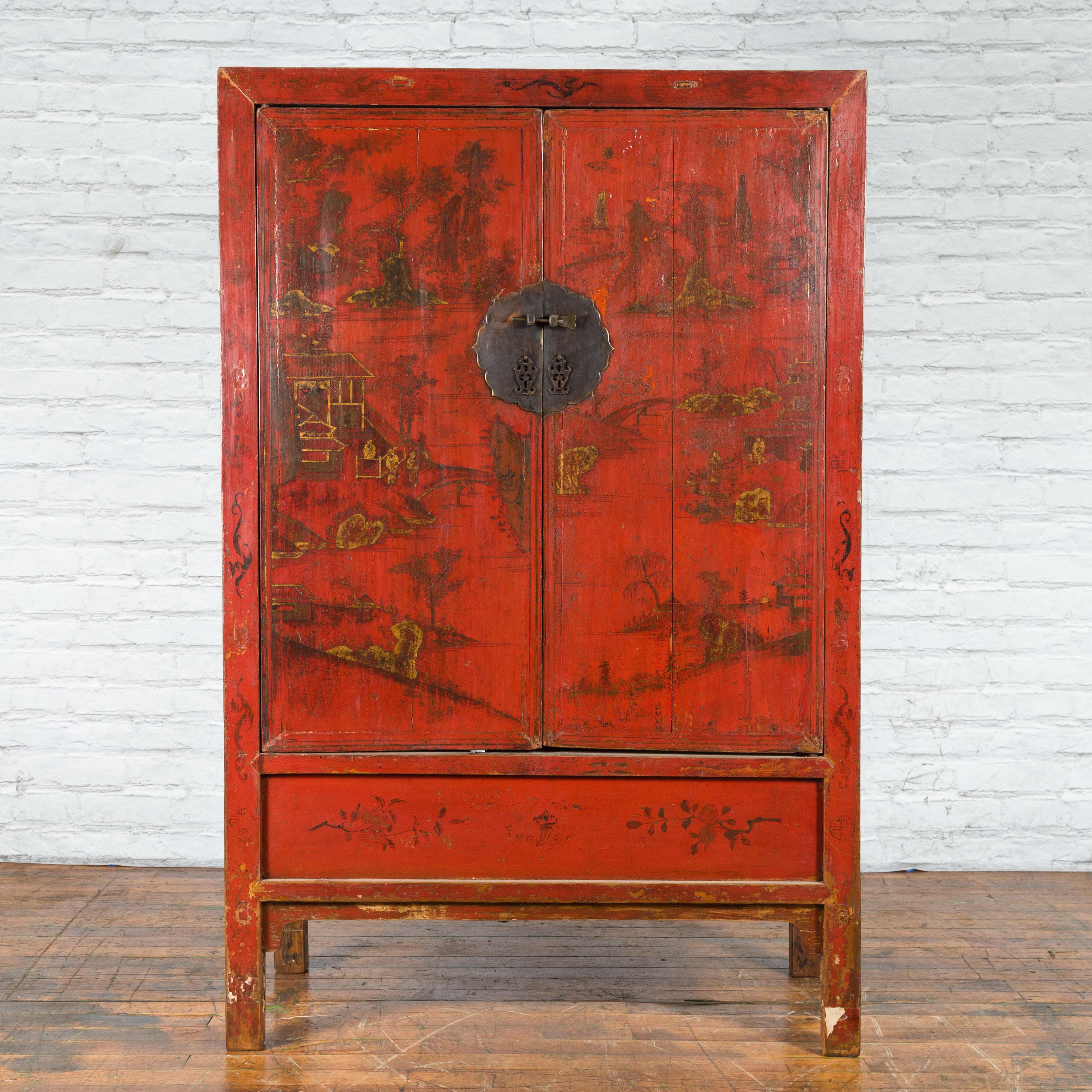 Qing Dynasty 19th Century Hand-Painted Cabinet with Original Red Lacquer For Sale 3