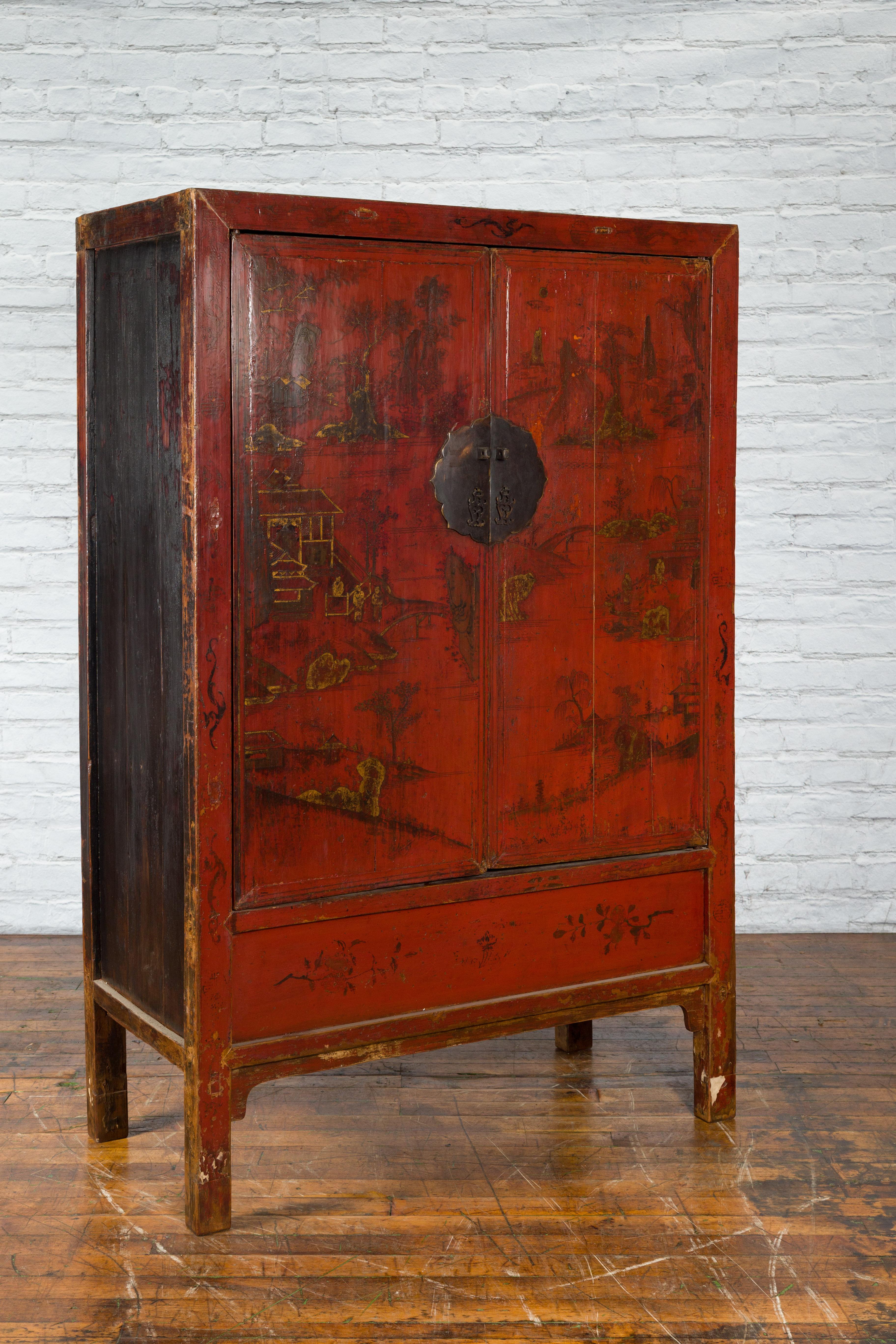 Qing Dynasty 19th Century Hand-Painted Cabinet with Original Red Lacquer For Sale 5