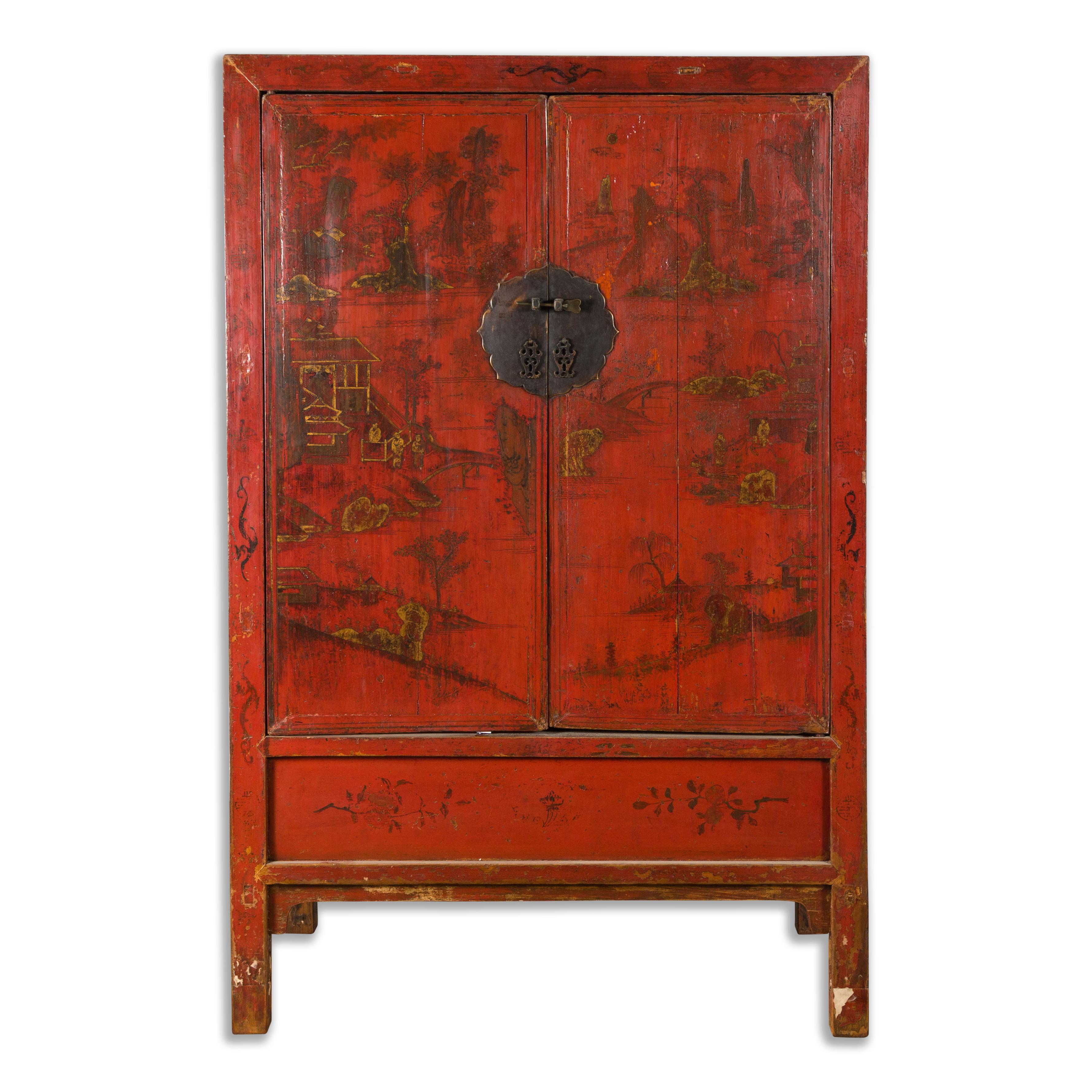 Qing Dynasty 19th Century Hand-Painted Cabinet with Original Red Lacquer For Sale 9