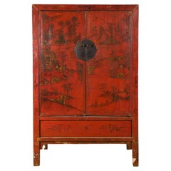 Qing Dynasty 19th Century Hand-Painted Cabinet with Original Red Lacquer