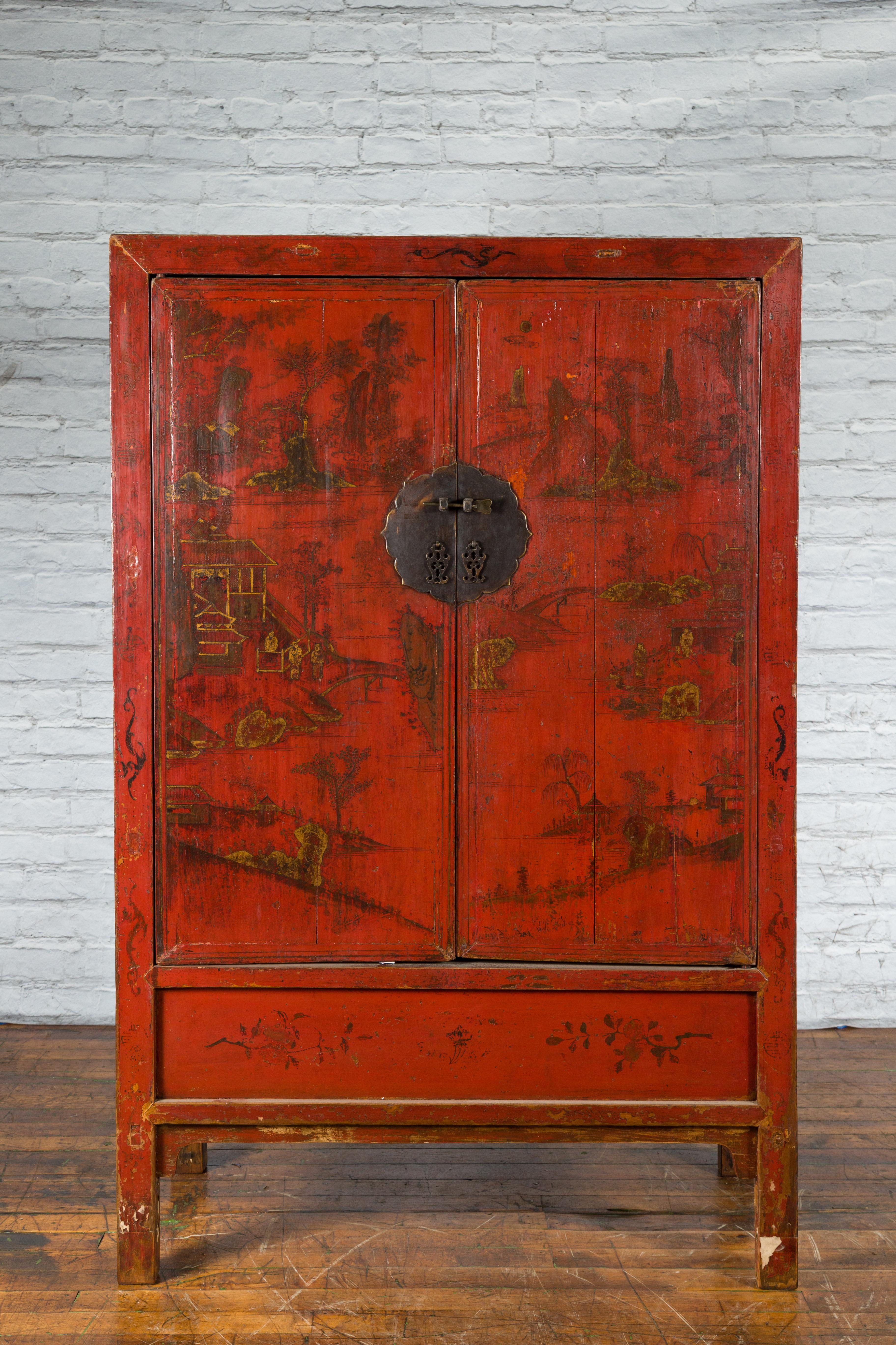 Chinois Cabinet peint à la main de la dynastie Qing du 19ème siècle avec laque rouge originale en vente