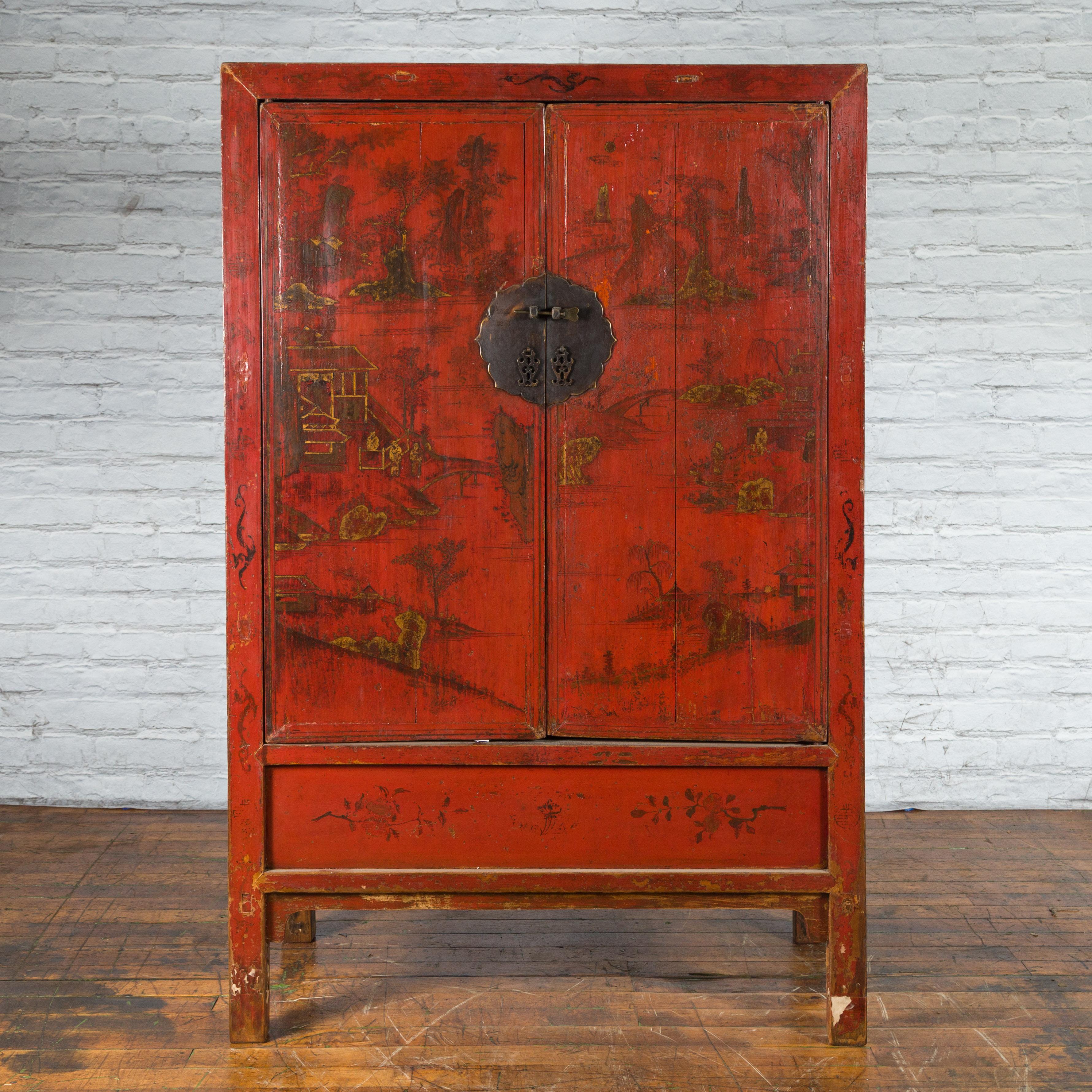 Laqué Cabinet peint à la main de la dynastie Qing du 19ème siècle avec laque rouge originale en vente