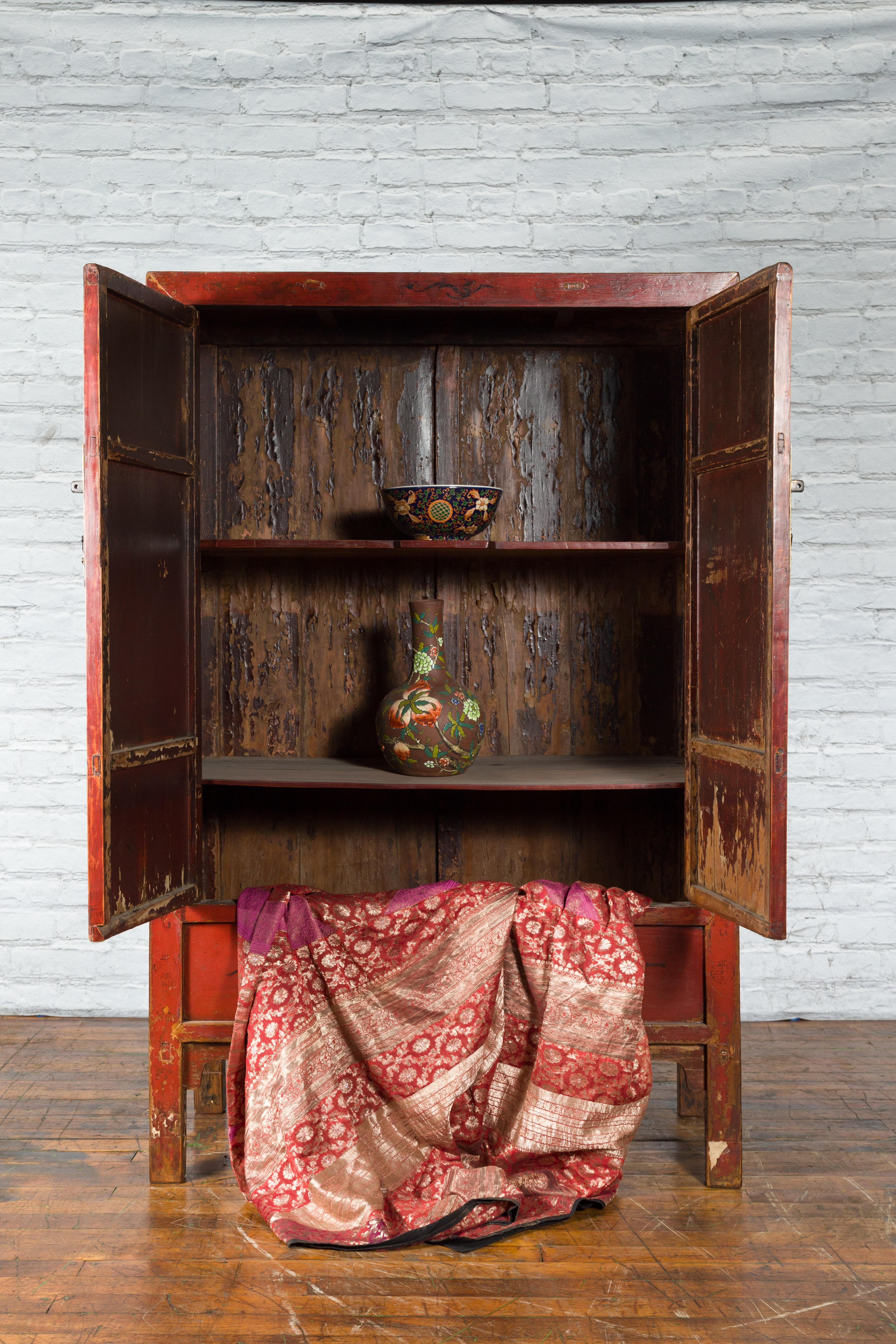 Lacquered Qing Dynasty 19th Century Hand-Painted Cabinet with Original Red Lacquer For Sale