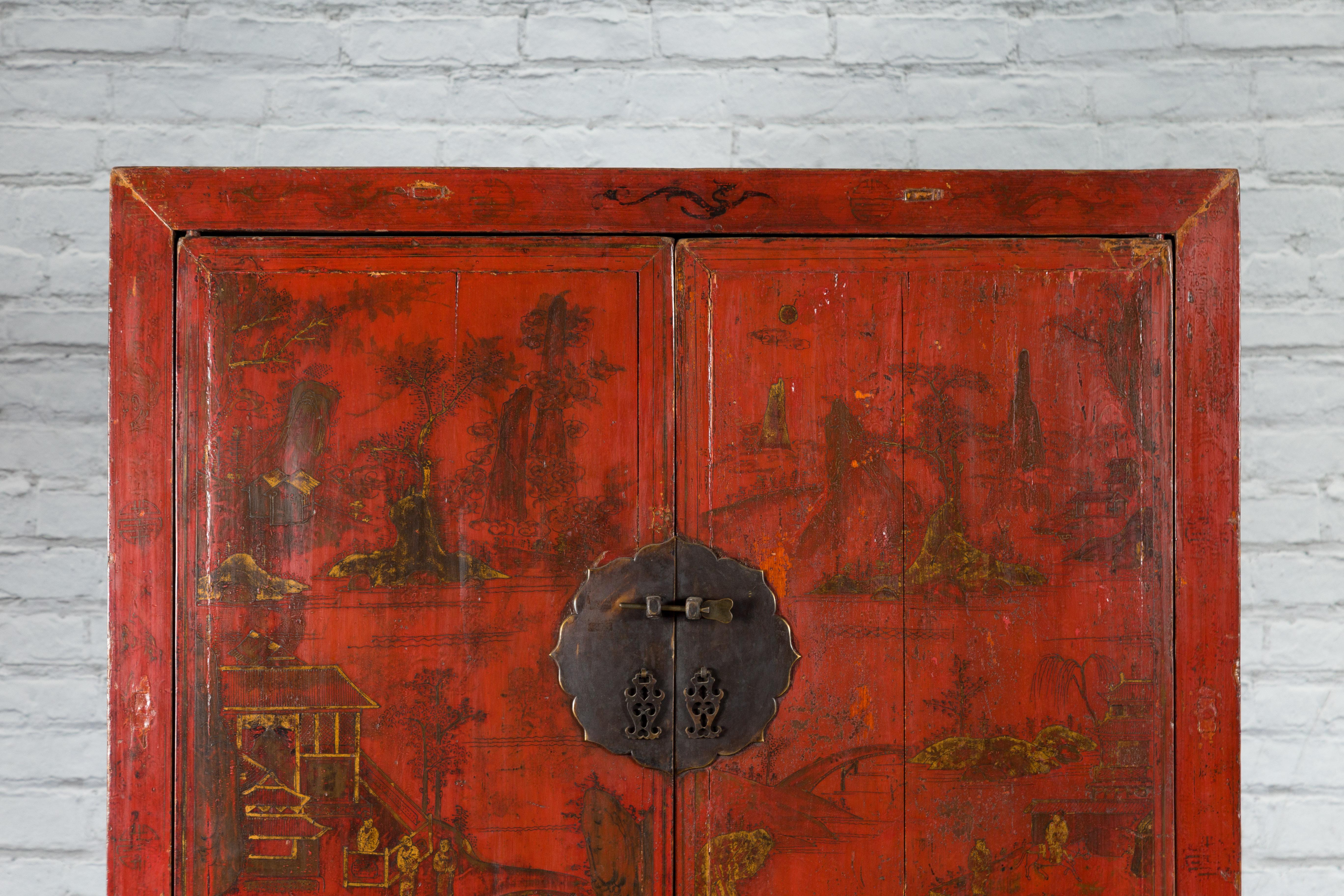 Qing Dynasty 19th Century Hand-Painted Cabinet with Original Red Lacquer In Good Condition For Sale In Yonkers, NY