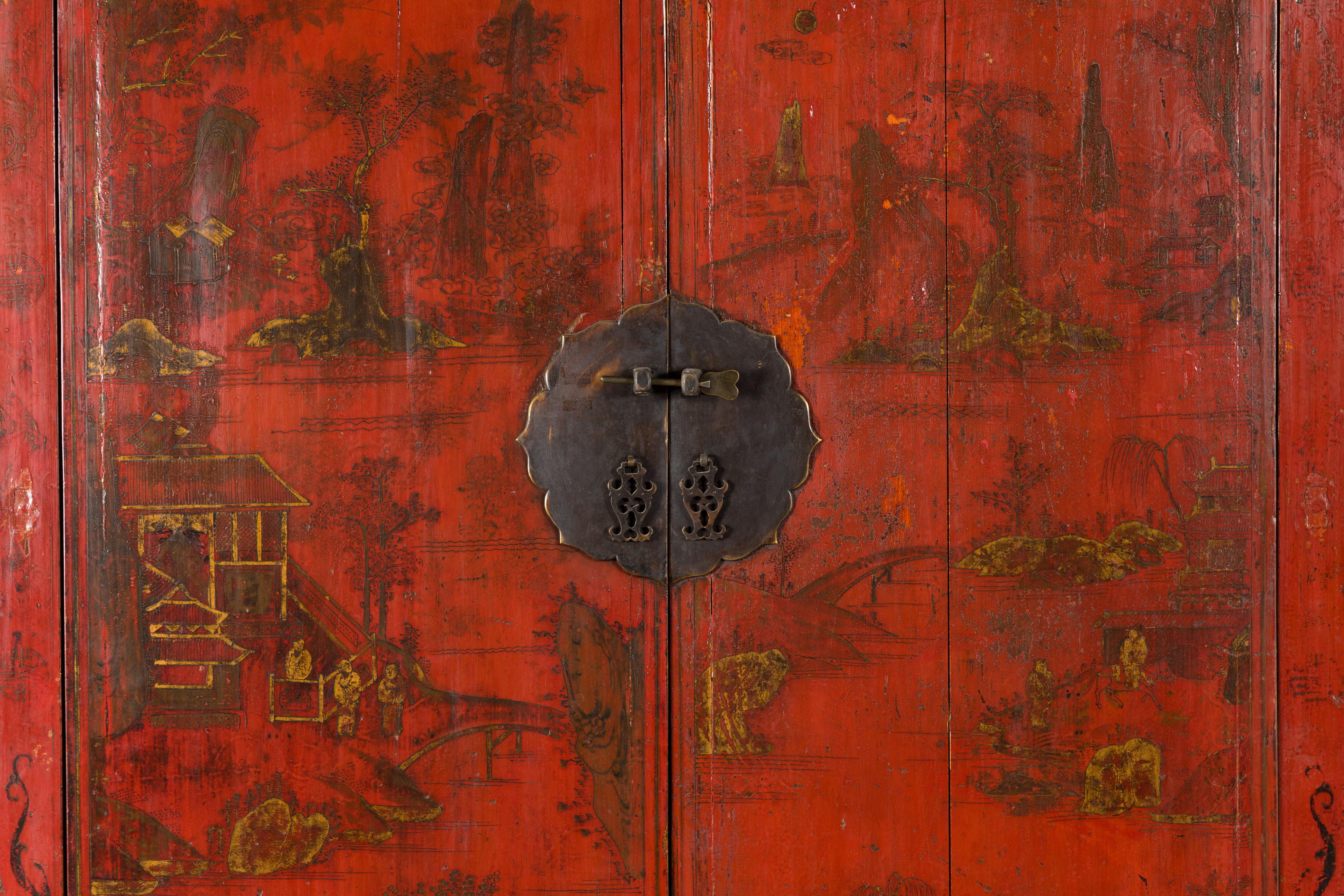 Wood Qing Dynasty 19th Century Hand-Painted Cabinet with Original Red Lacquer For Sale