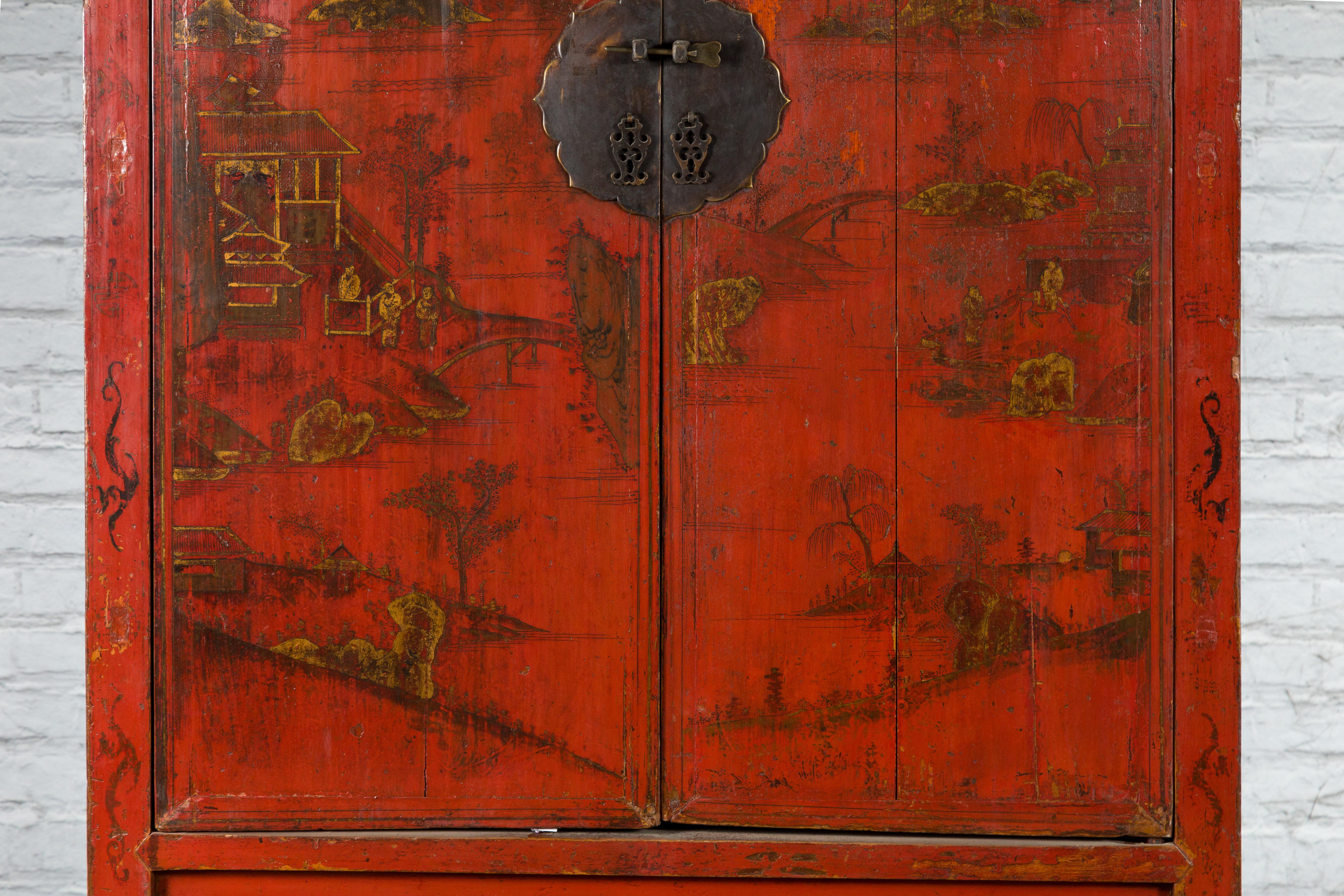 Wood Qing Dynasty 19th Century Hand-Painted Cabinet with Original Red Lacquer For Sale